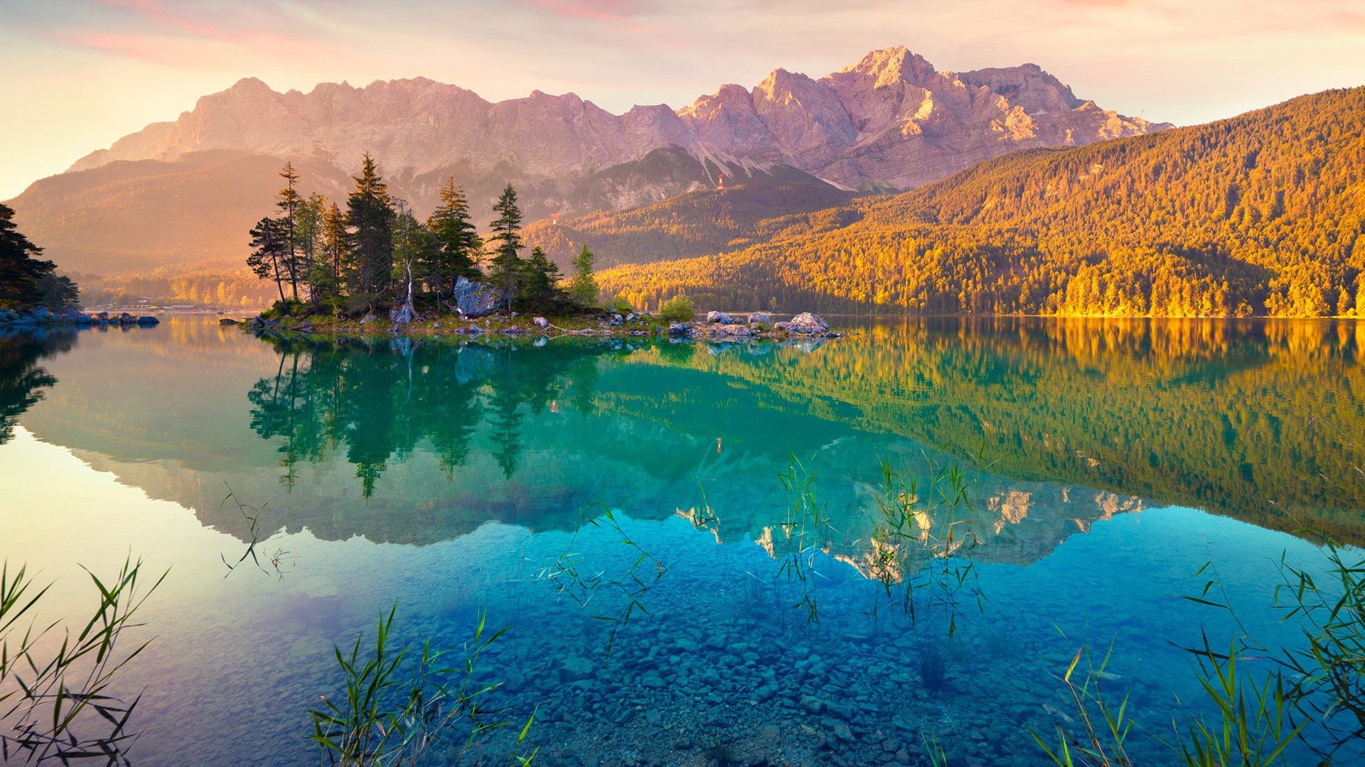 1920x1080 Wallpaper forest, trees, mountains, nature, lake, Germany, Alps, Lake Eibsee for mobile and desktop, section пейзажи, resolution 1920x1080