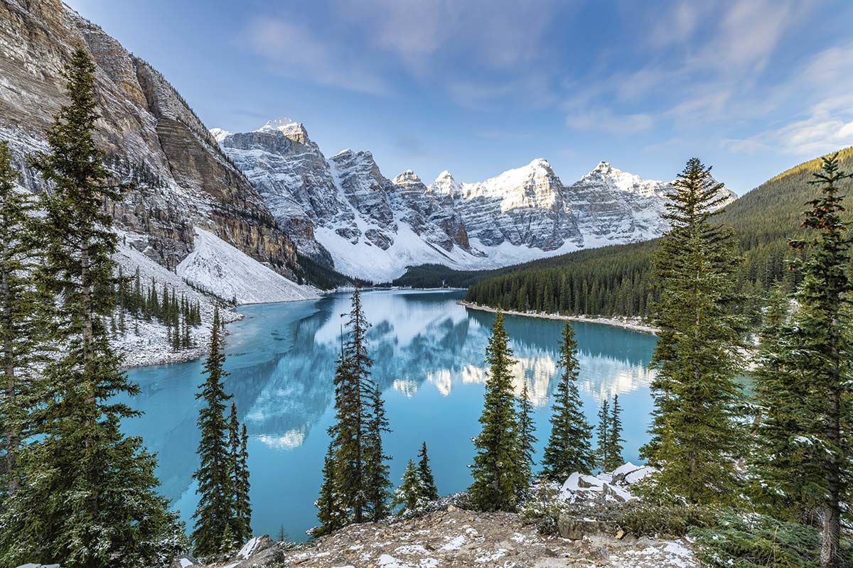 1200x800 Mountain Wallpaper, Blue lake surrounded by snow covered mountains®