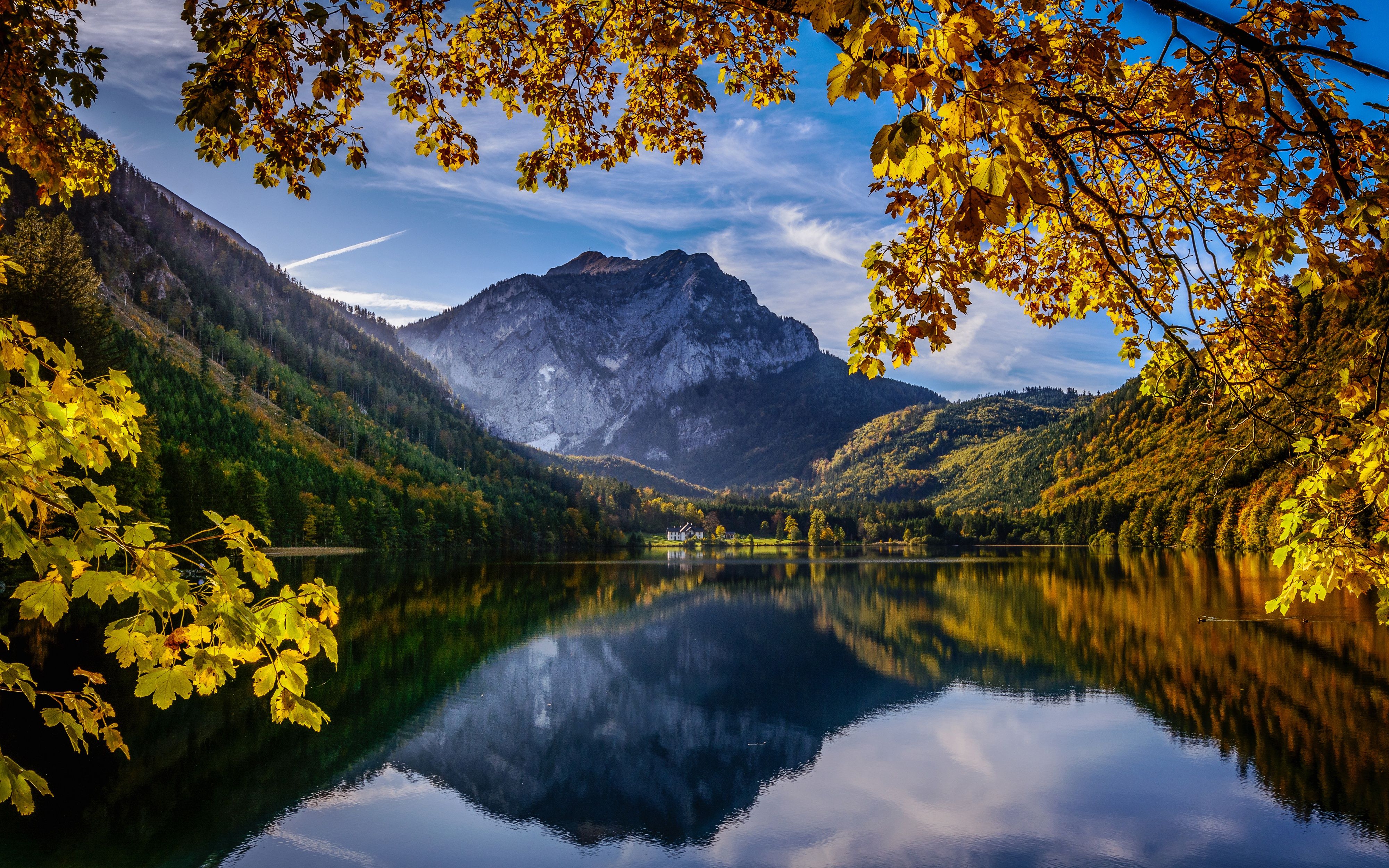 4000x2500 Wallpaper autumn, mountains, branches, lake, reflection, Austria, Alps, Austria for mobile and desktop, section пейзажи, resolution 4000x2500
