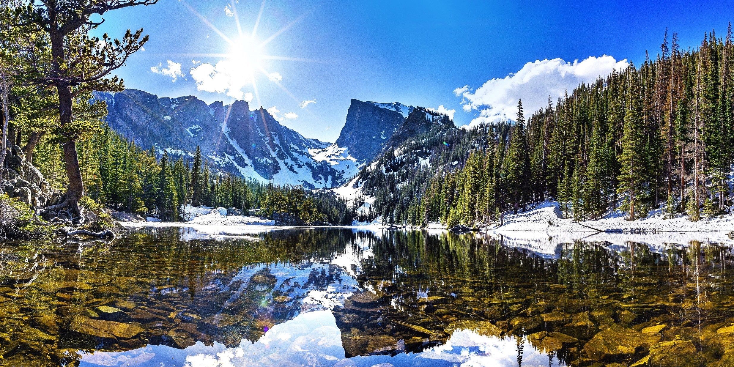 2470x1235 Free picture: alpine, clouds, evergreen, forest, ice, lake, mountain, winter