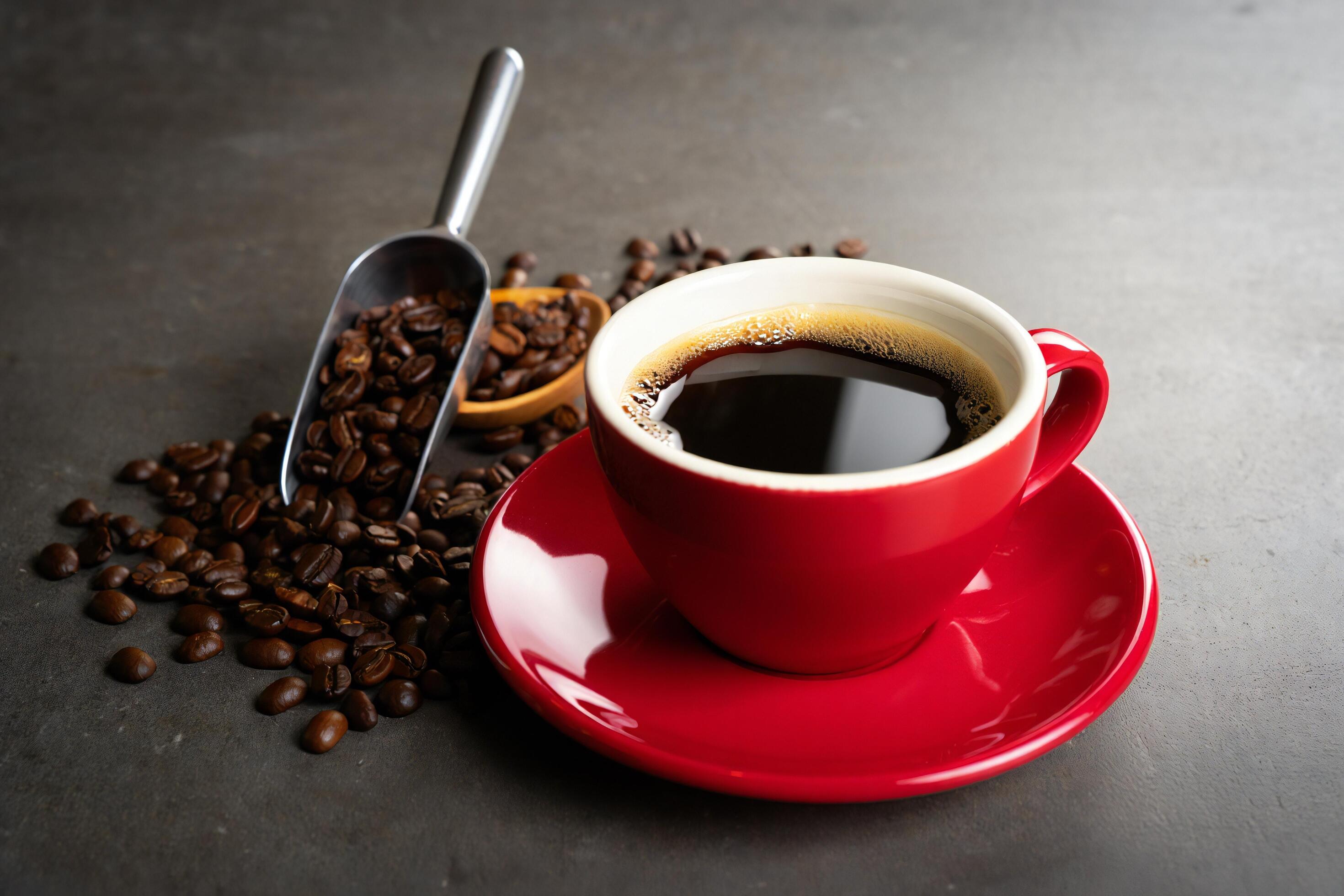 2940x1960 Coffee Background Aromatic Black Coffee in Red Cup with Roasted Beans and Scoop