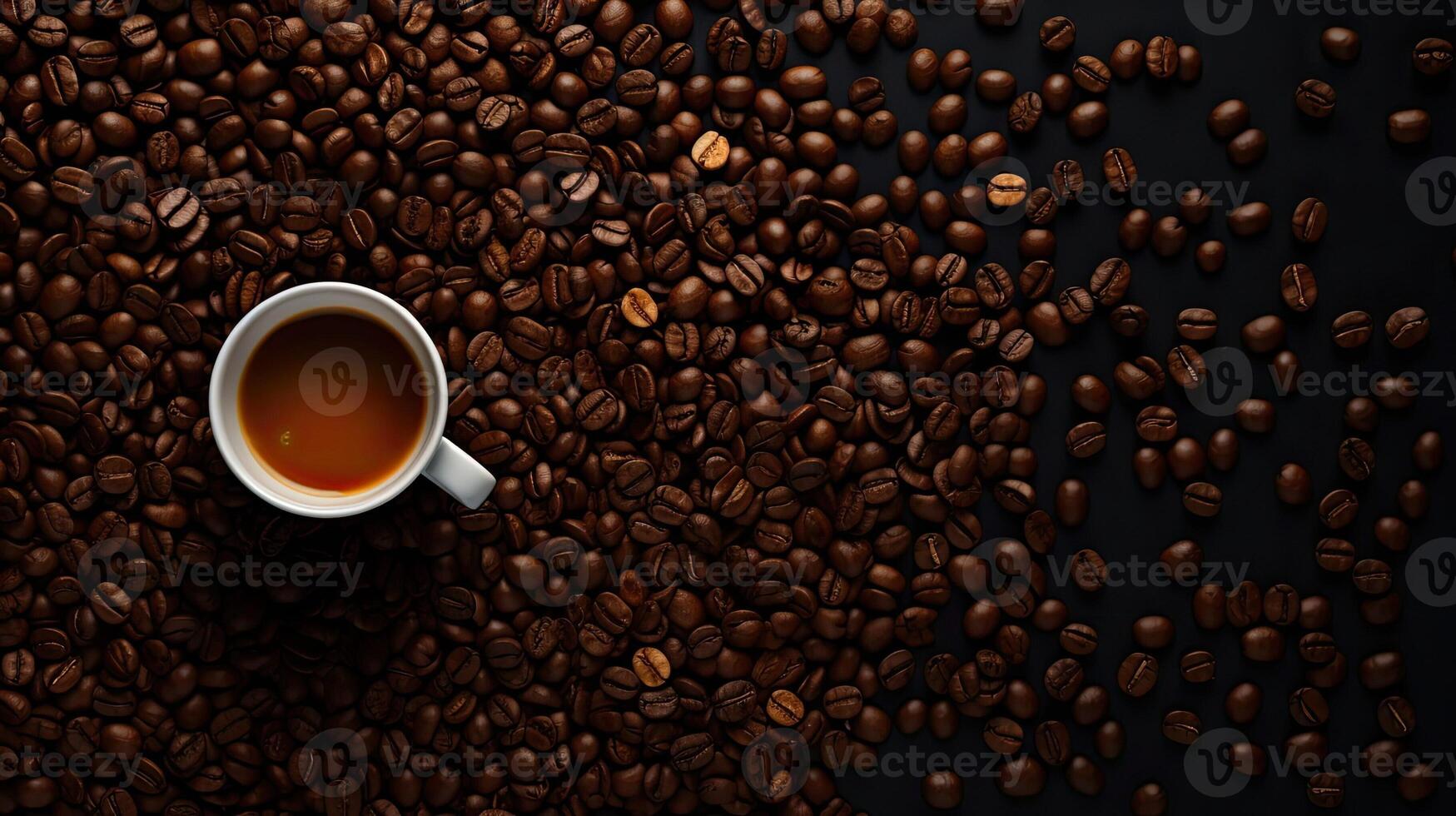 1749x980 AI generated Coffee beans on dark surface. Cup of Americano coffee, top view. Empty space for a template