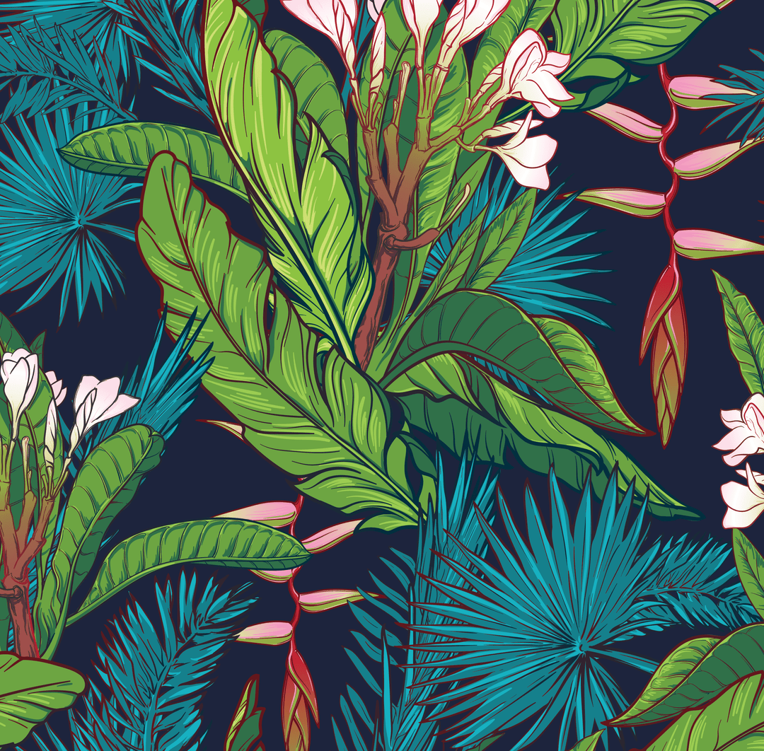 1080x1062 Bold Tropical Wallpaper with Banana Leaves, Palm Fronds & Birds of Paradise