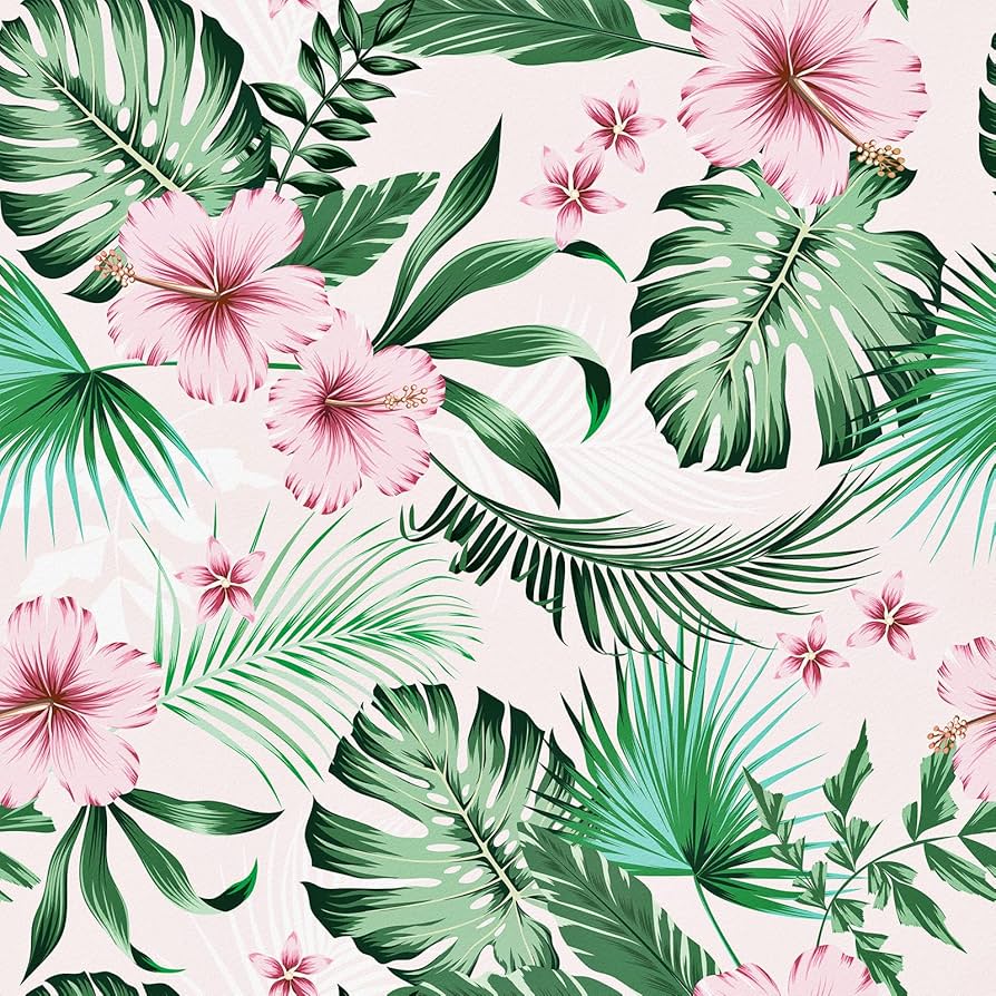 894x894 WESTICK Leaf Wallpaper Peel and Stick Tropical Botanical Palm Leaves with Pink Hibiscus Flowers Self Stick Floral Wall Paper Jungle Forest Wallpaper for RV Bathroom Drawer Dresser 17.5 x 118 in