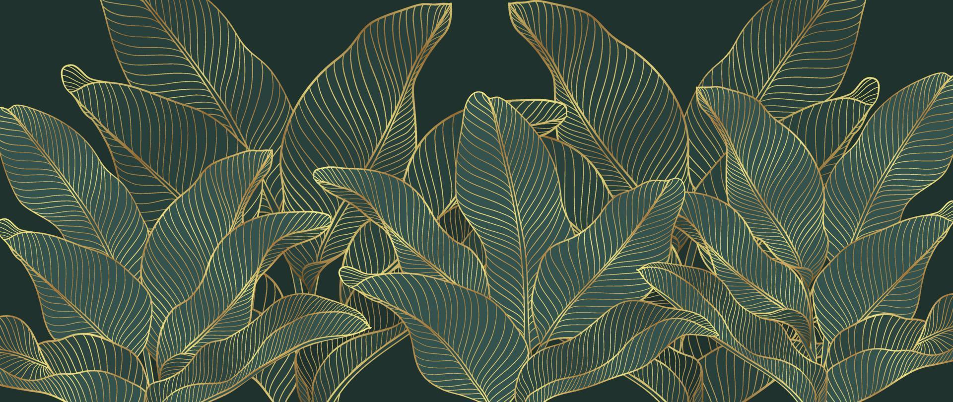 1920x810 Luxury tropical leaves line art background vector. Elegant hand drawn tropical foliage gold line art background. Design illustration for decoration, wall decor, wallpaper, cover, banner, poster, card