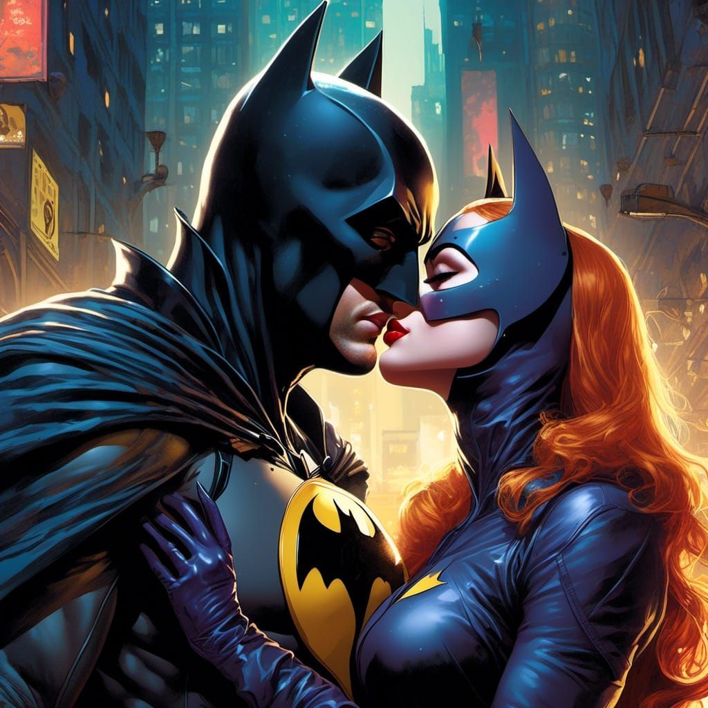 1024x1024 Batman and Batgirl and Batgirl Kissing Comic Boo