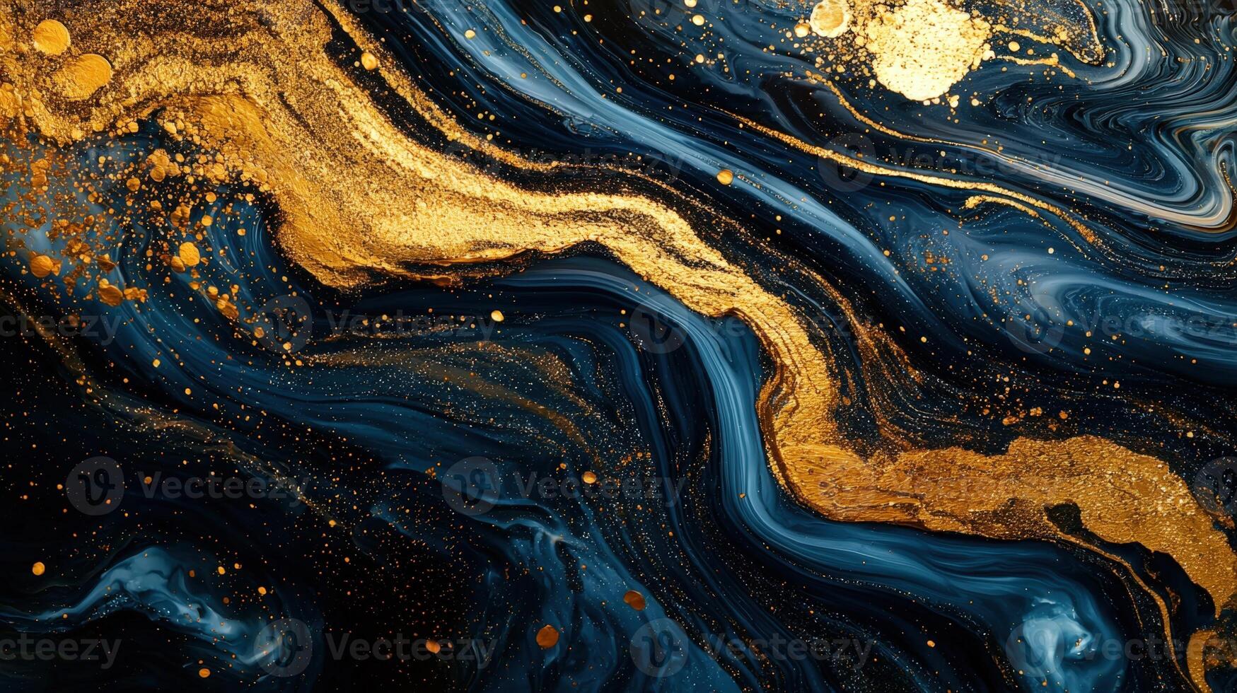 1749x980 Abstract swirling dark blue and gold marble background with metallic accents