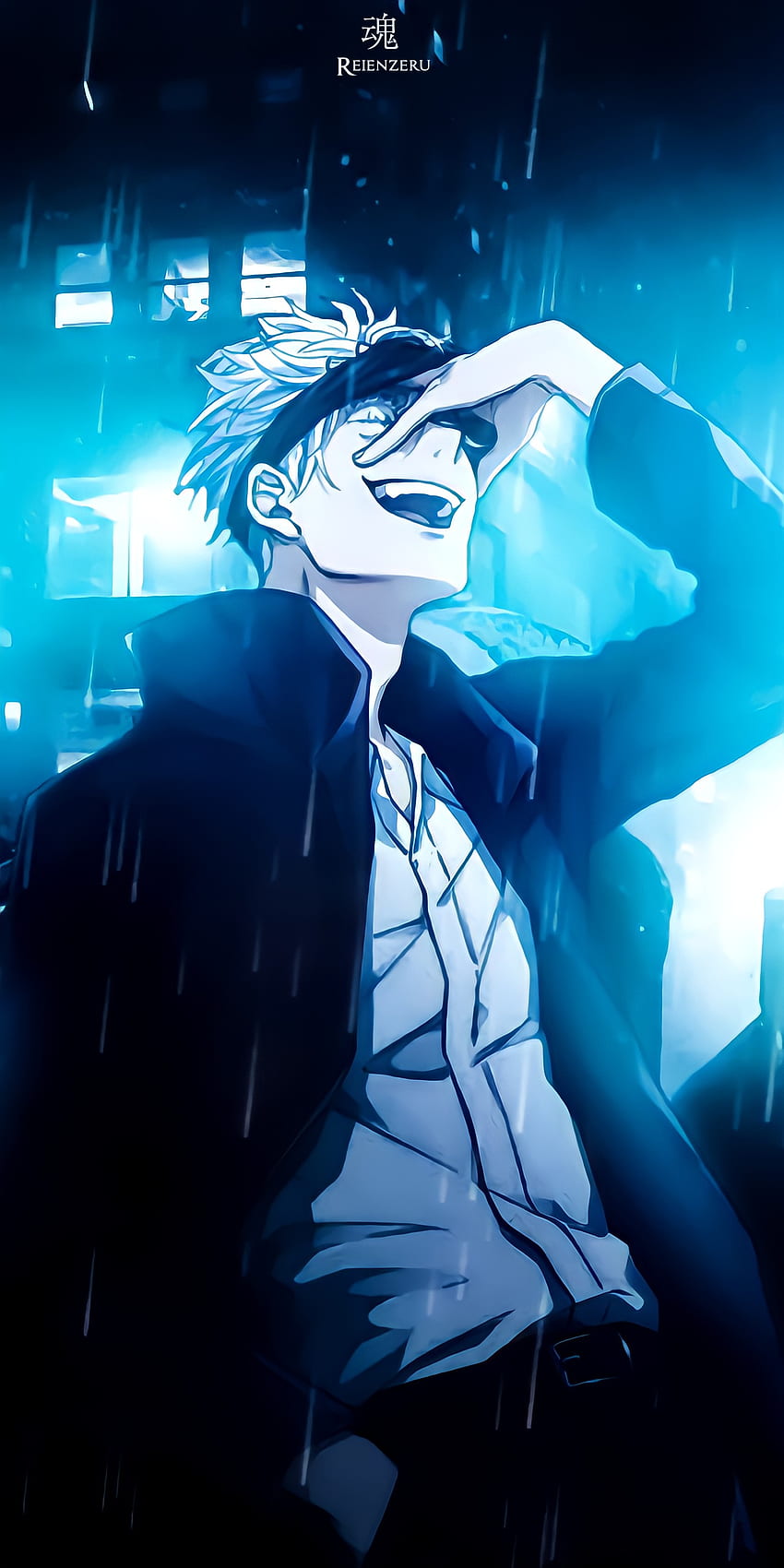 850x1700 Gojo, rain, blue, neon, street, satorugojo, gojosatoru, jjk, jujutsukaisen, anime HD phone wallpaper
