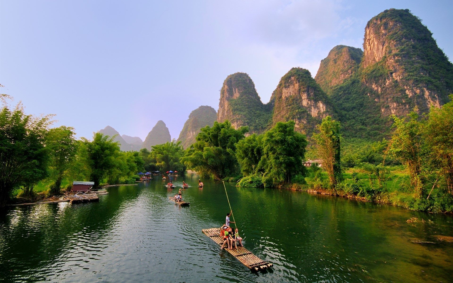1920x1200 Guilin, Yangshuo Beautiful Landscape, Mountains, Trees, River, Bamboo Raft, China 640x1136 IPhone 5 5S 5C SE Wallpaper, Background, Picture, Image