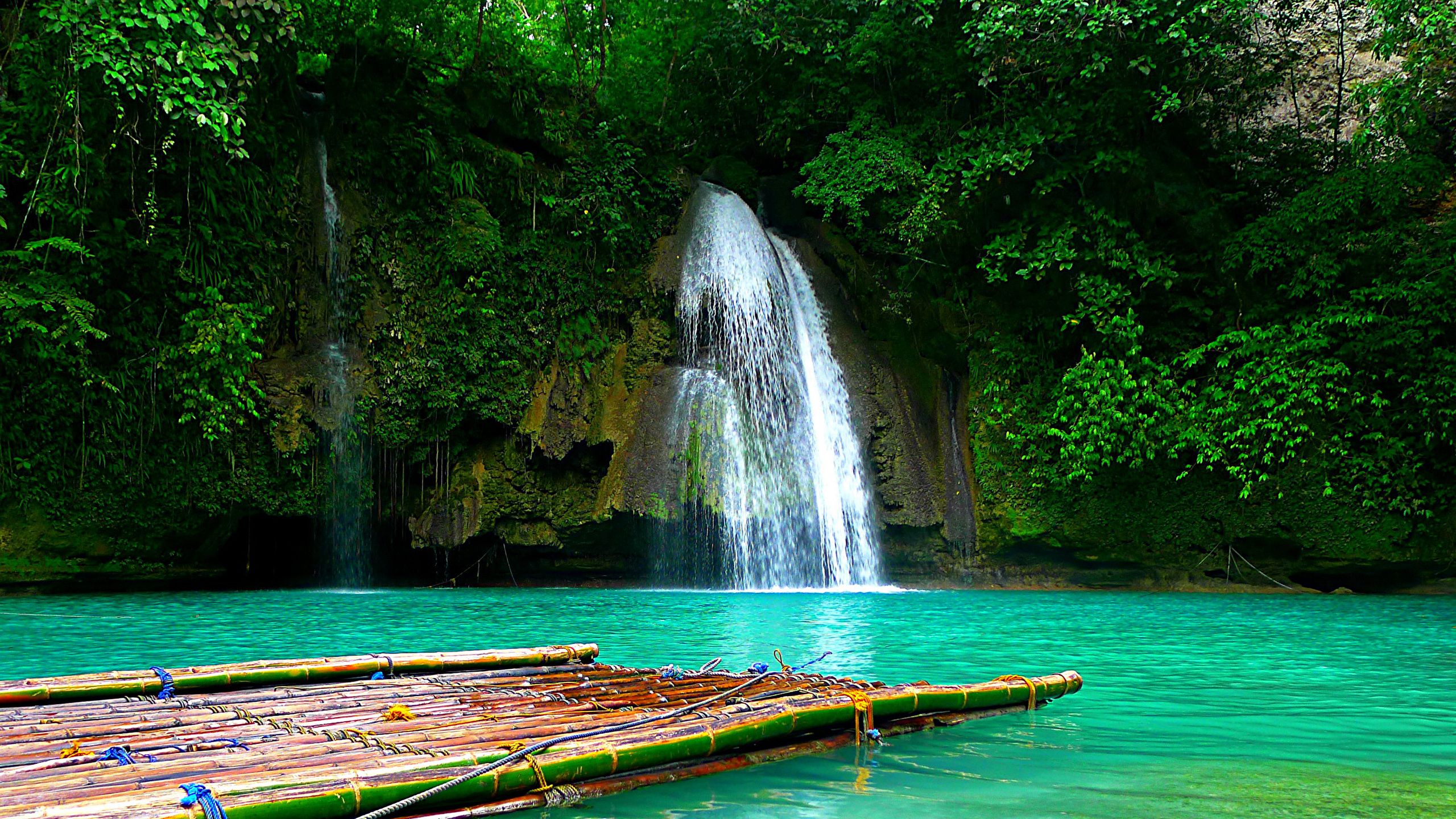 2560x1440 Wallpaper Brown Wooden Bridge Over Water Falls, Background Free Image