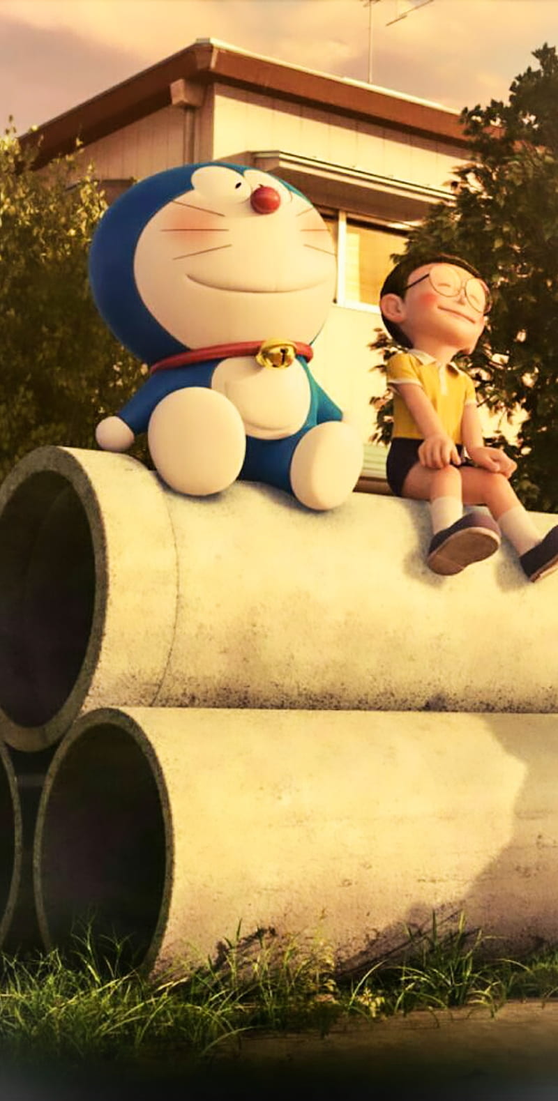 800x1579 Doremon, friendship, nobita, sitting, smile, sunset, HD phone wallpaper