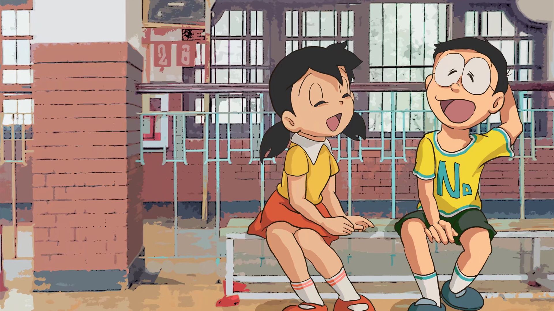 1920x1080 Nobita Nobi Shizuka Minamoto Are Sitting On Bench HD Doraemon Wallpaper
