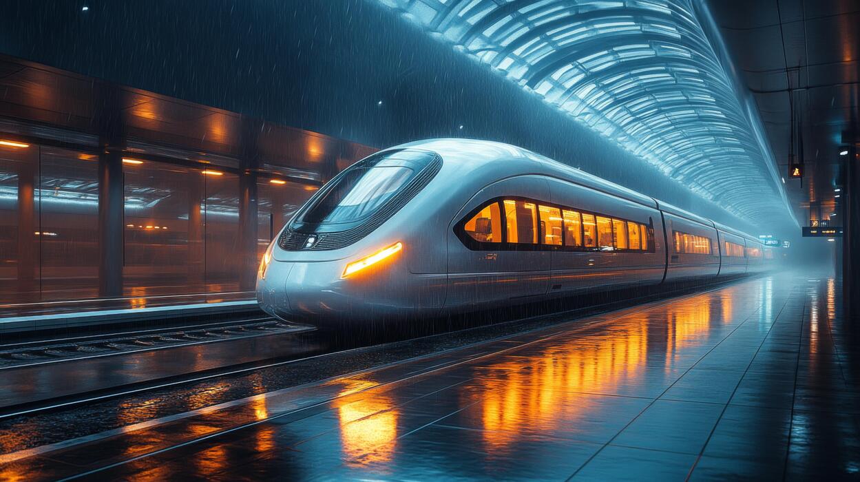 1249x700 A sleek high speed maglev train is stationed at a contemporary railway platform while rain creates reflections on the ground, highlighting the fusion of technology and mobility