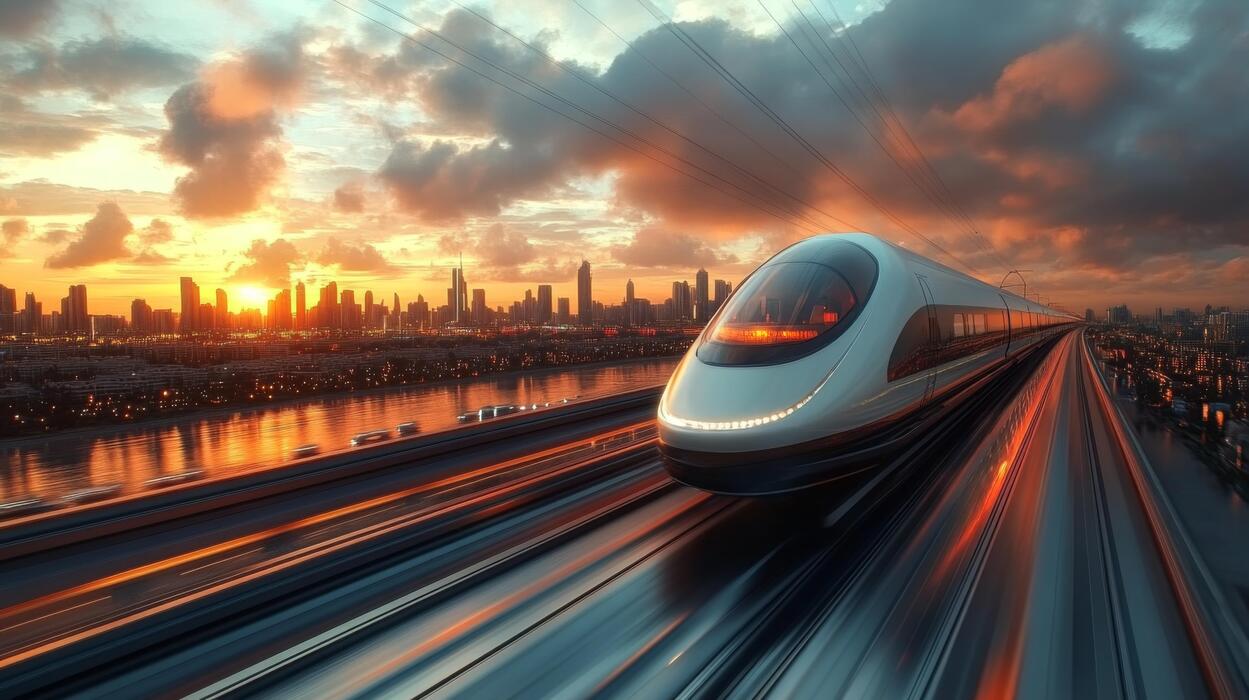 1249x700 A futuristic maglev train speeds along elevated tracks as the sun sets, casting vibrant reflections on the water and illuminating the city skyline