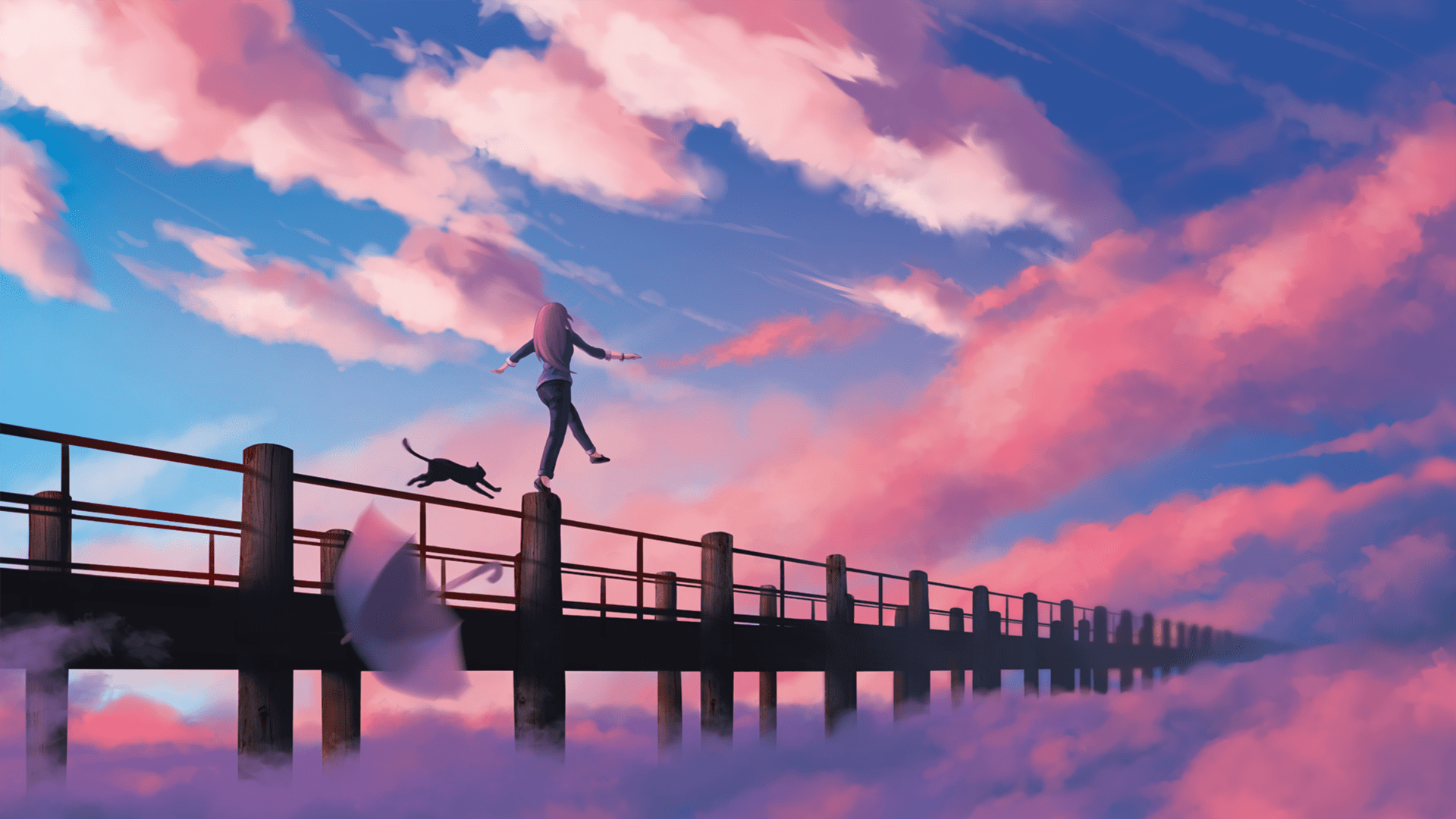 1920x1080 Pink Skies with Anime Girl and Cat Ultra HD Wallpaperx2160