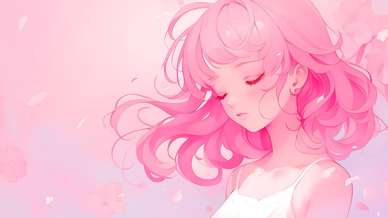 1536x864 Free Anime Girl with Closed Eyes Light Pink Desktop Wallpaper 4K
