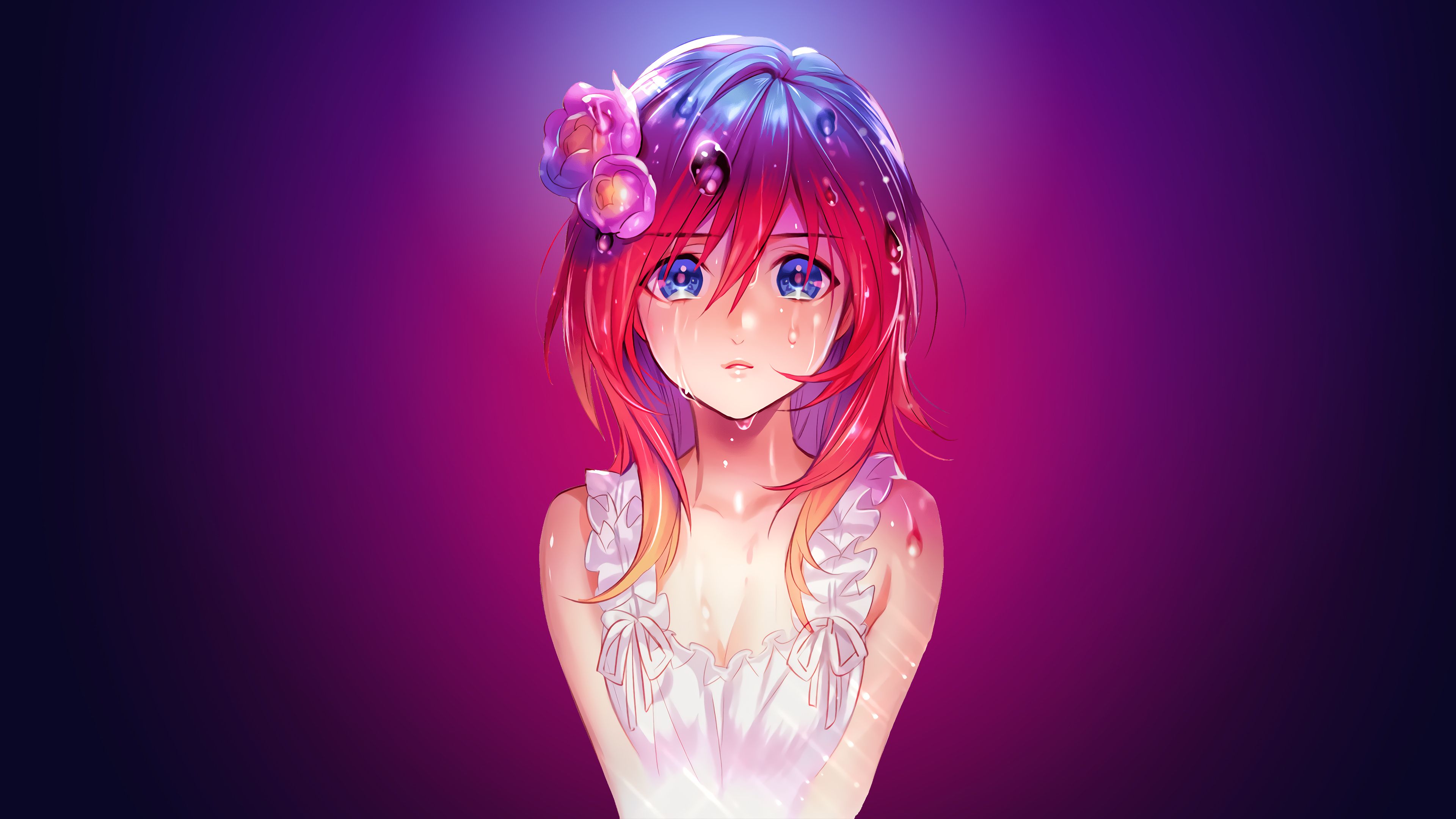 3840x2160 Anime girl Wallpaper 4K, Sad, Pink background, Sad girl
