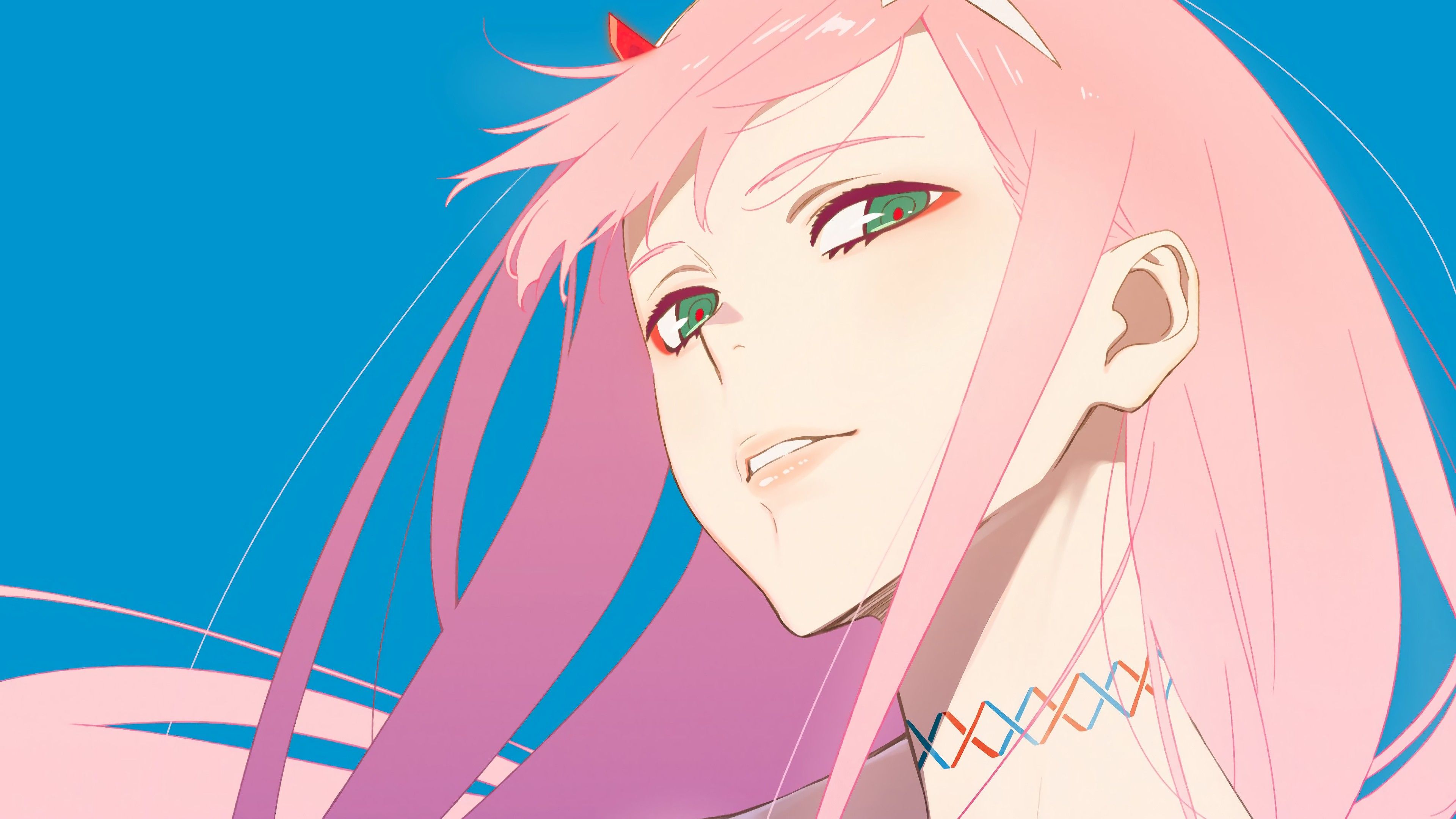 3840x2160 darling in the franxx pink hair zero two with blue background 4k HD anime Wallpaper