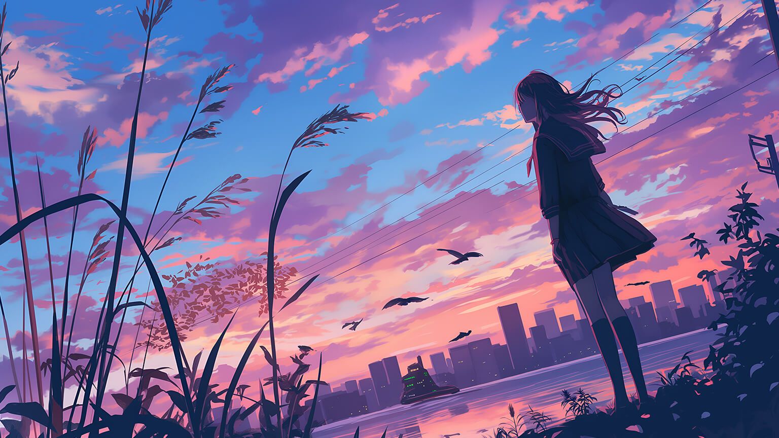 1536x864 Pink Sunset & Anime Girl Desktop Wallpaper Wallpaper 4K