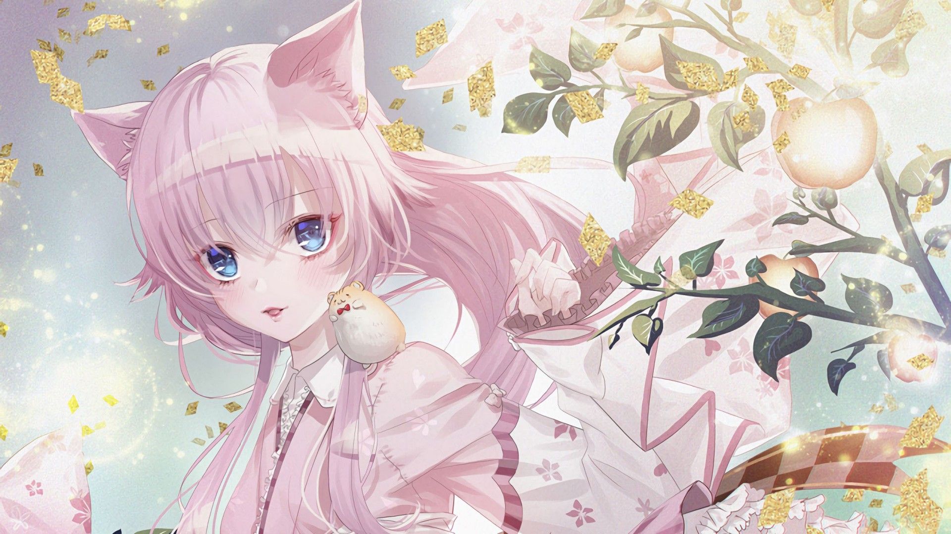 1920x1080 Blue Eyes Pink Hair Anime Girl Neko Kimono HD Anime Girl Wallpaper