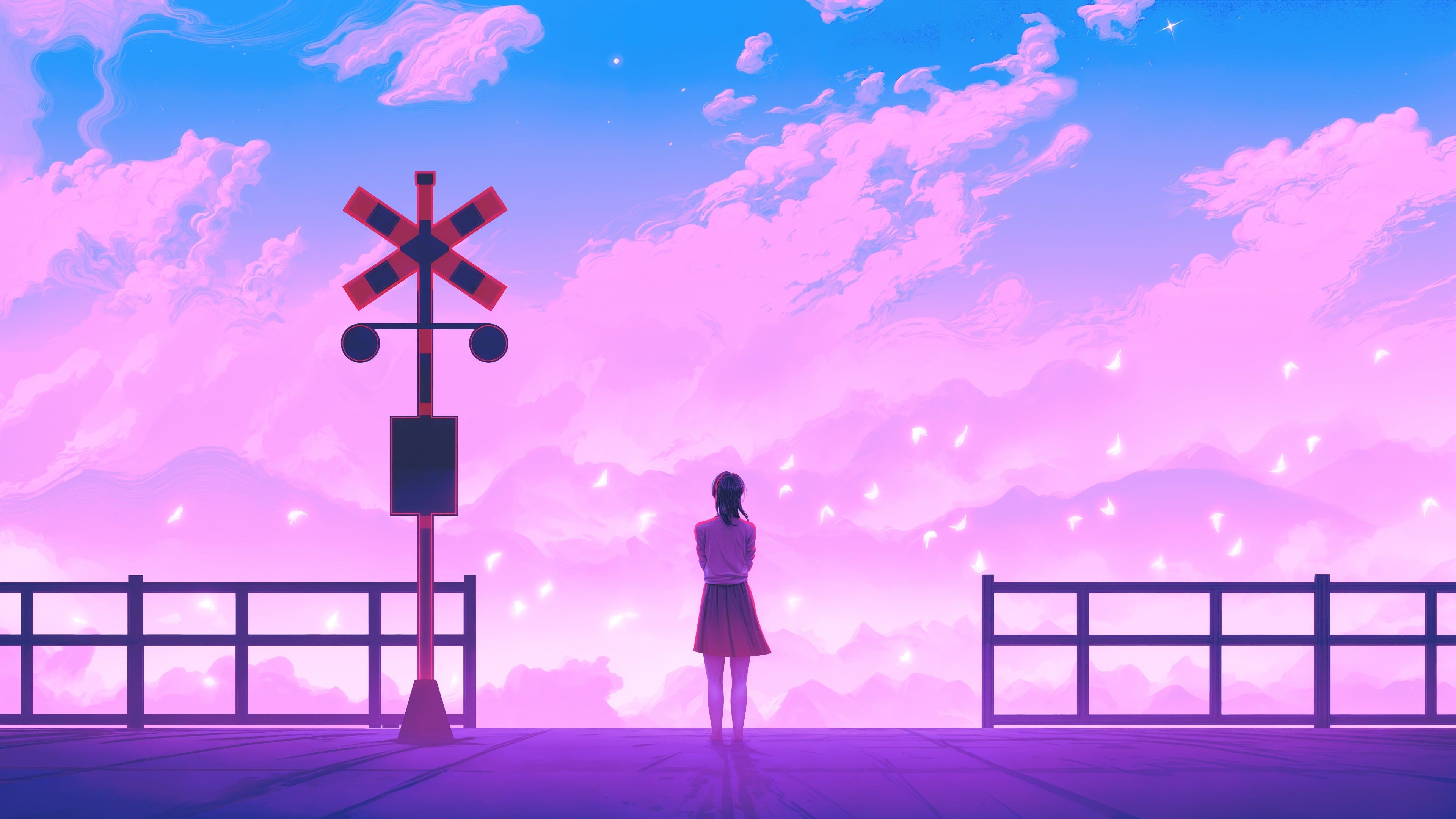 3840x2160 Anime girl in a landscape of pink clouds and white doves Aesthetic Wallpaper 4k for Desktop