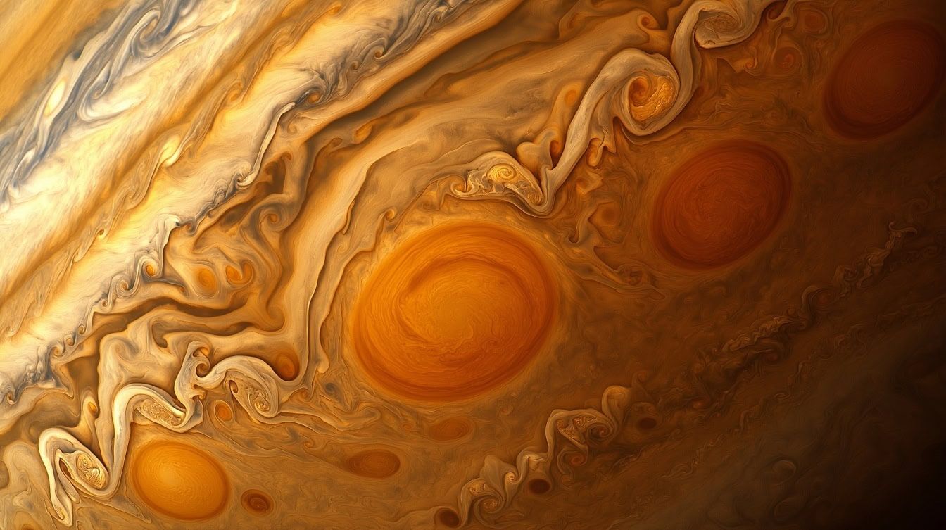 1344x753 Free Picture: Close Up Of A Planet In Solar System, A Surface Of Saturn Planet With Vibrant Swirls In Orange Yellow Color