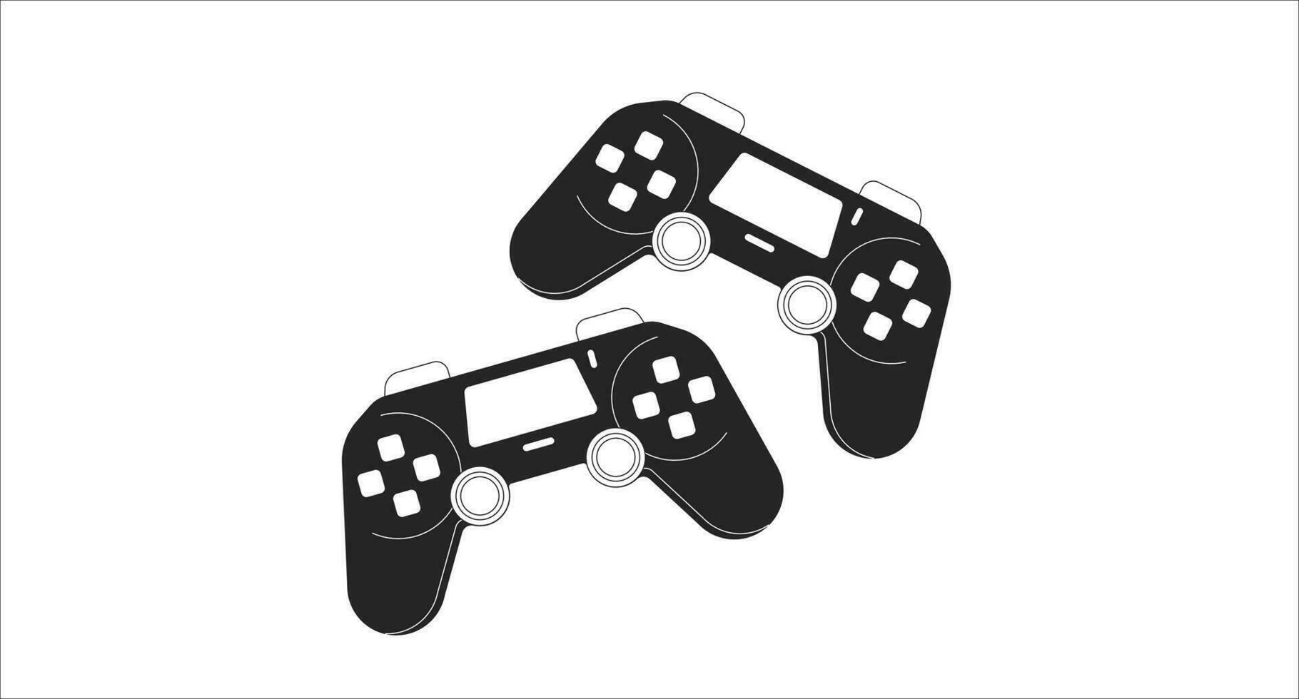 1820x980 Controller joystick black and white lofi wallpaper. Retro game consoles 2D outline objects cartoon flat illustration. Playing together. Two players gamepads vector line lo fi aesthetic background