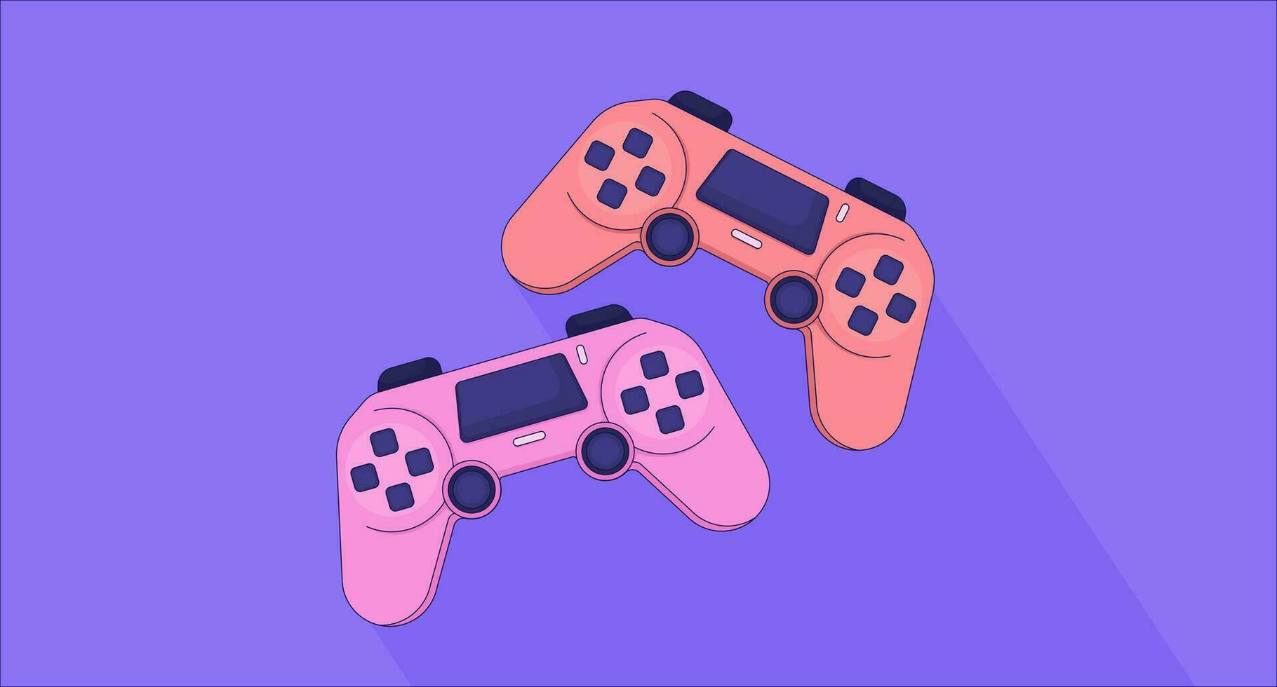 1820x980 Controller joystick lofi wallpaper. Retro game consoles 2D objects cartoon flat illustration. Playing videogame together. Two players gamepads chill vector art, lo fi aesthetic colorful background