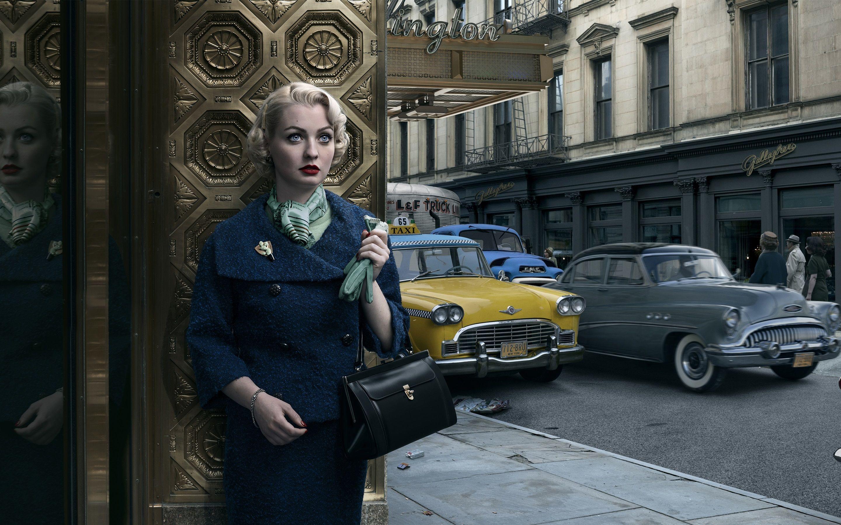 2880x1800 Wallpaper Retro, girl, cars, city, New York 2880x1800 Picture, Image
