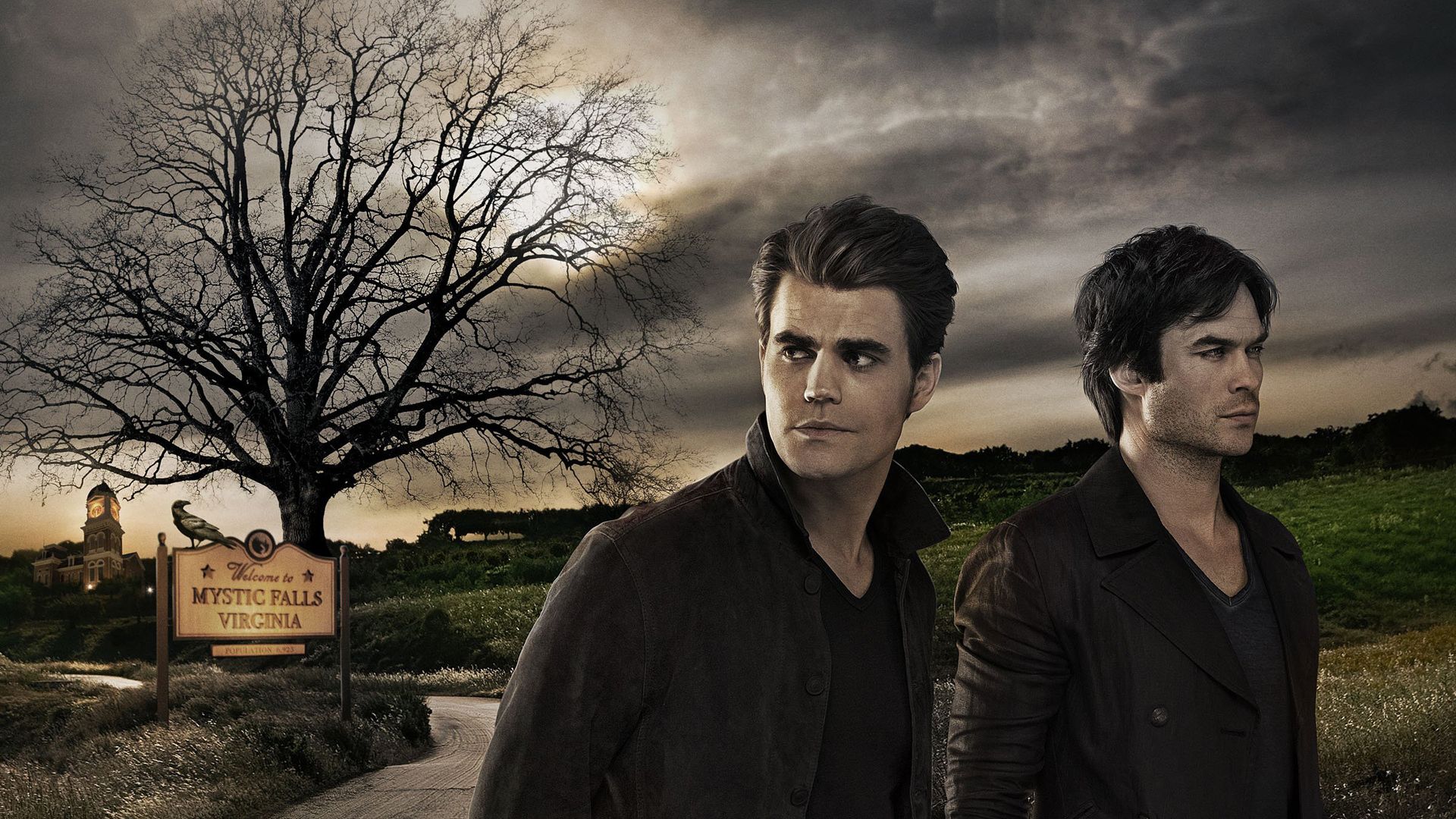 1920x1080 Stefan Salvatore Damon Salvatore Are Wearing Black Dress In Leafless Tree Background HD The Vampire Diaries Wallpaper