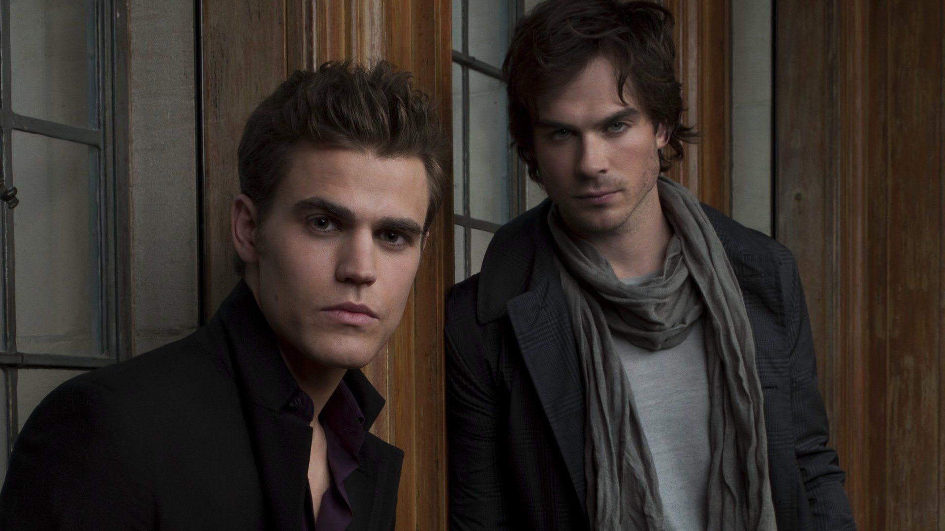 1920x1080 Stefan Salvatore Damon Salvatore In Wooden Door Background HD The Vampire Diaries Wallpaper