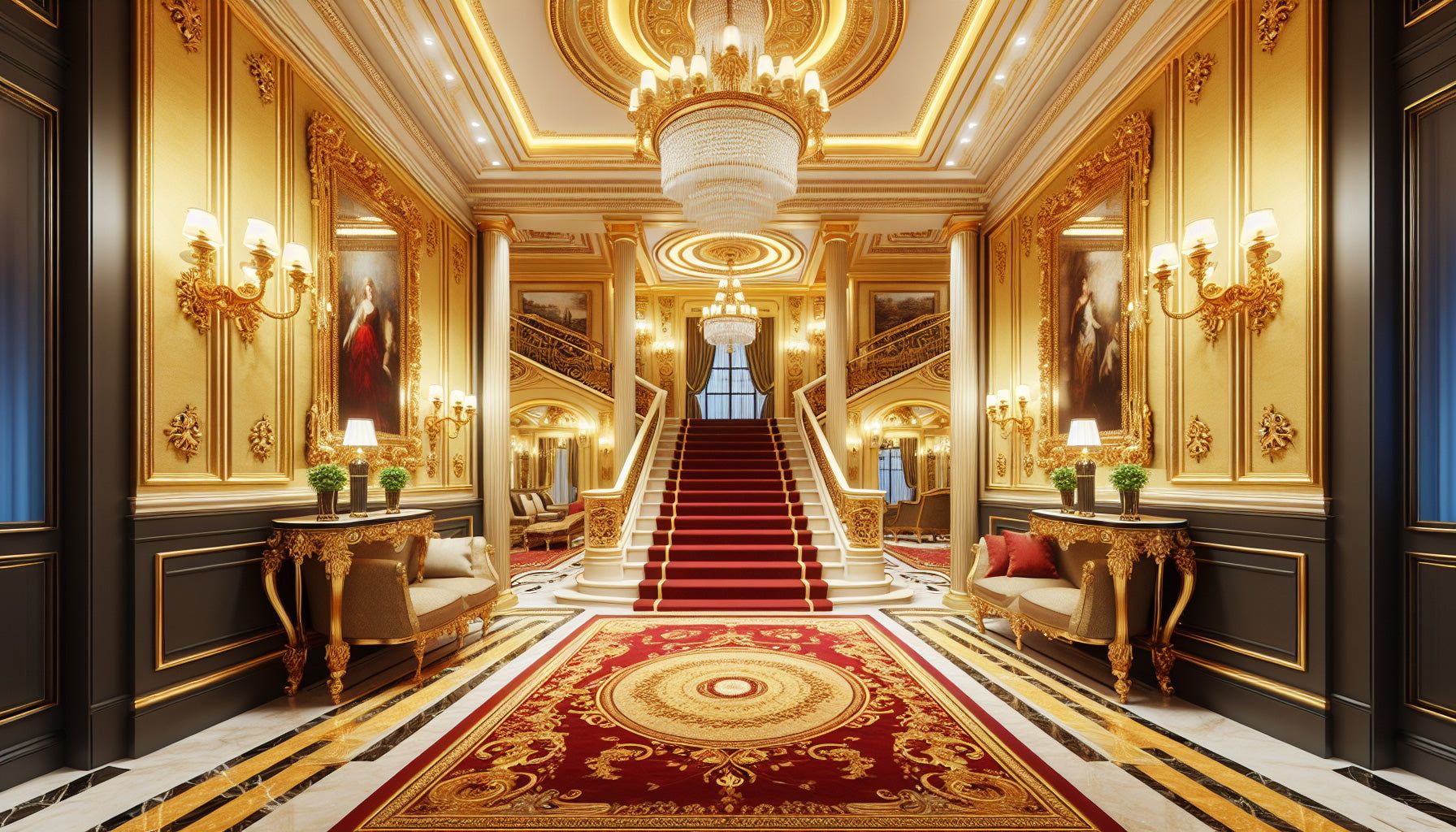 1792x1024 Mural Wallpaper Optical Illusion. Golden Royal Palace and Red Carpet