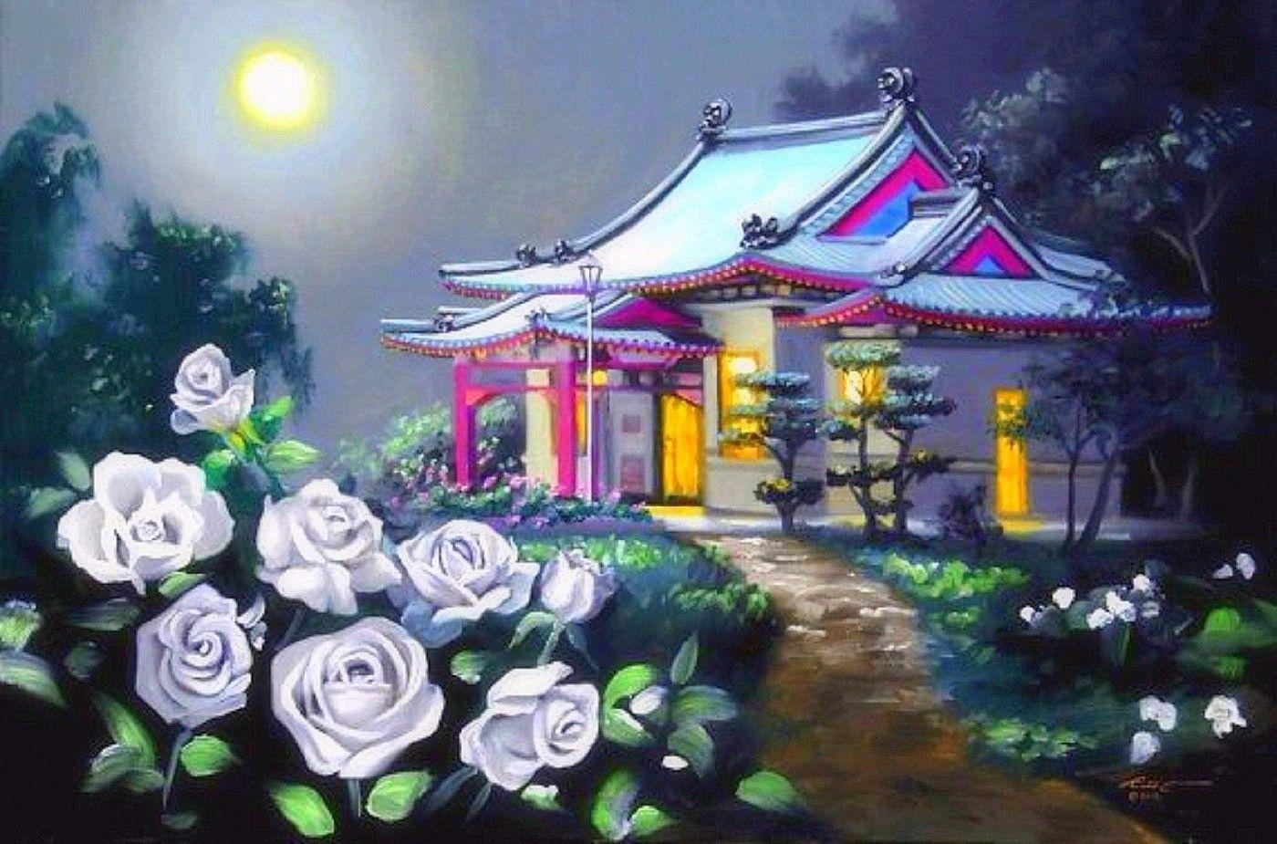 1400x925 Ngôi nhà Ngôi nhà Trung Quốc Bức tranh Mặt trăng Mặt trăng Tình yêu Mùa mùa hè Thiên nhiên