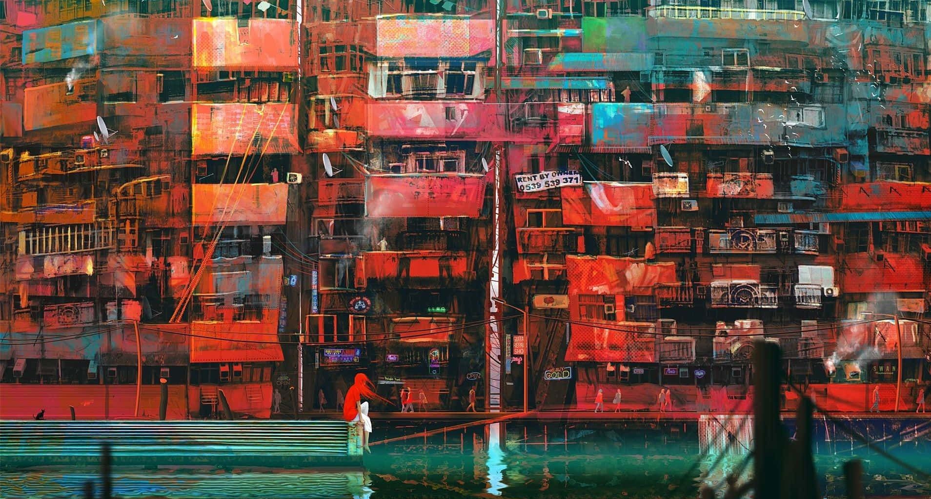 1908x1023 Download A glitched out Kowloon Walled City In Tokyo Wallpaper