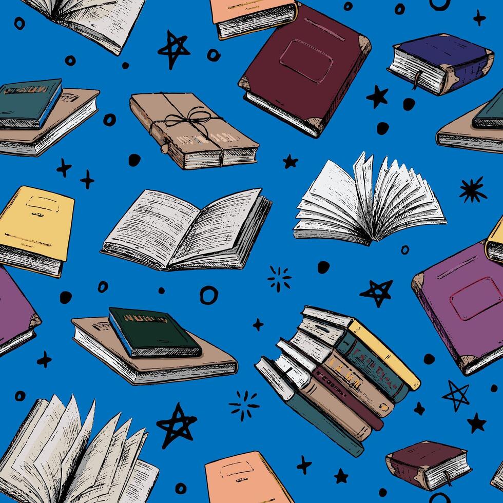980x980 Books vector seamless pattern. Love of reading, vintage hand drawn background. Colorful abstract wallpaper in sketch style, boho. Design for wrapping paper, prints, fabric, textile, card, scrapbooking
