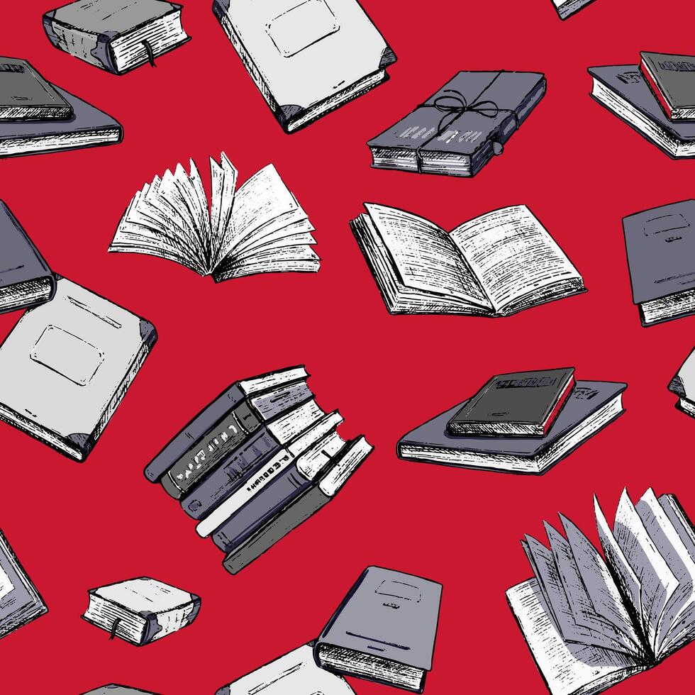 980x980 Books vector seamless pattern. Love of reading, vintage hand drawn background. Colorful abstract wallpaper in sketch style, boho. Design for wrapping paper, prints, fabric, textile, card, scrapbooking