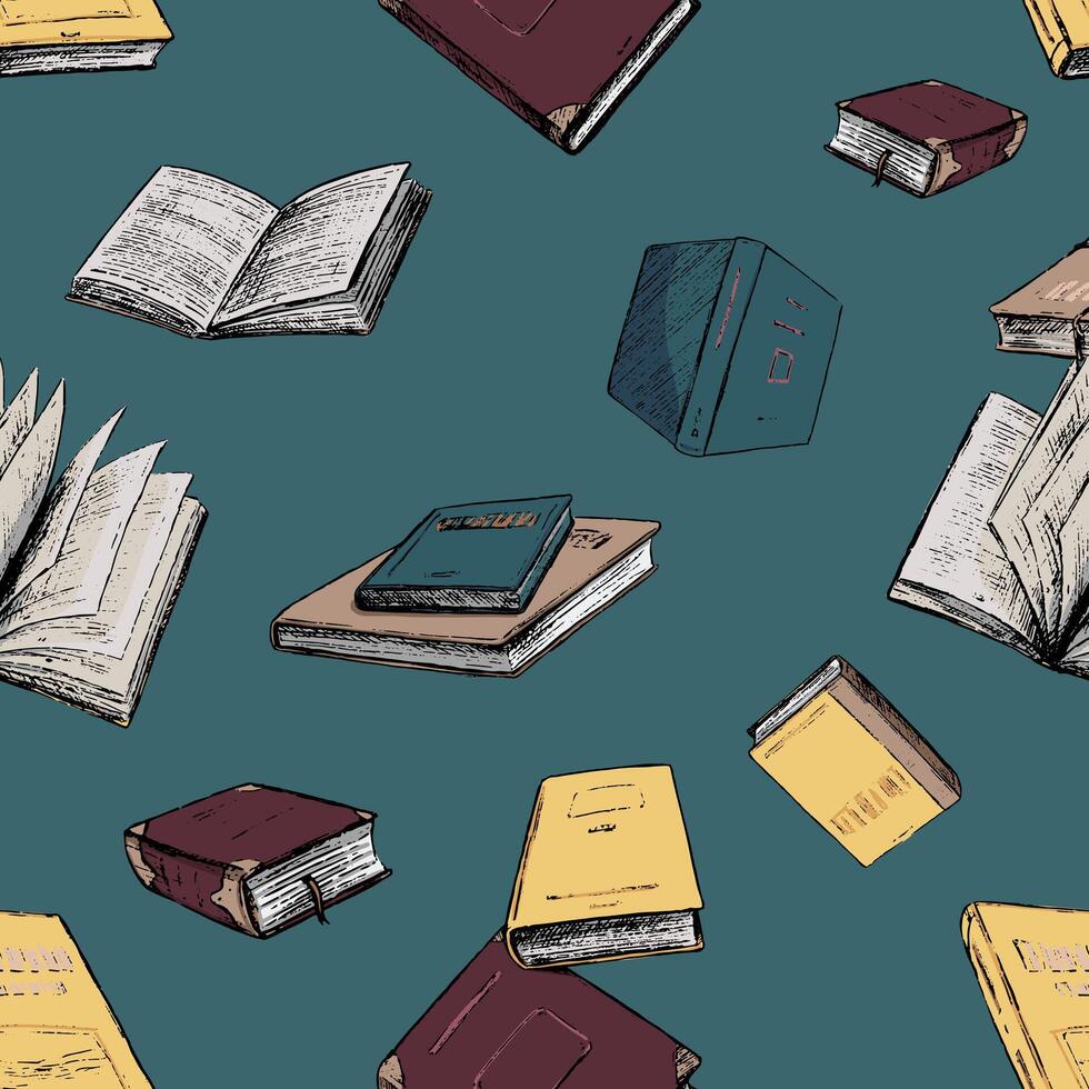 980x980 Books vector seamless pattern. Love of reading, vintage hand drawn background. Colorful abstract wallpaper in sketch style, boho. Design for wrapping paper, prints, fabric, textile, card, scrapbooking