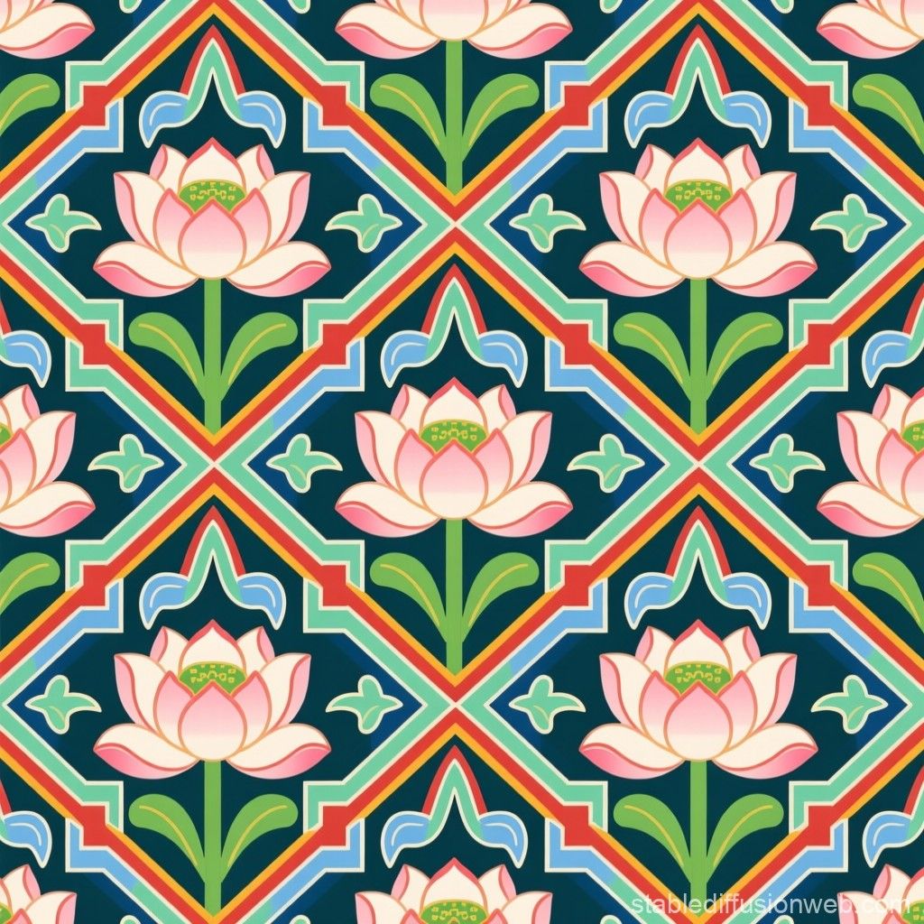 1024x1024 Korean Dancheong Pattern with Lotus and Geometric Lines. 안정적인 온라확산