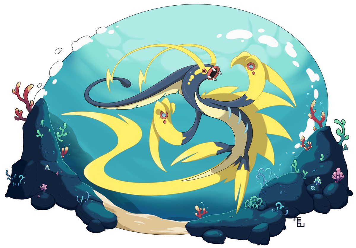 1200x837 And the last Mega Fish is #Eelektross! ⚡️ It was hard to find an interesting design, but I'm happy with how it looks now. :D Type: Electric Abilities: Levitate Stats: HP:85 Attack:125