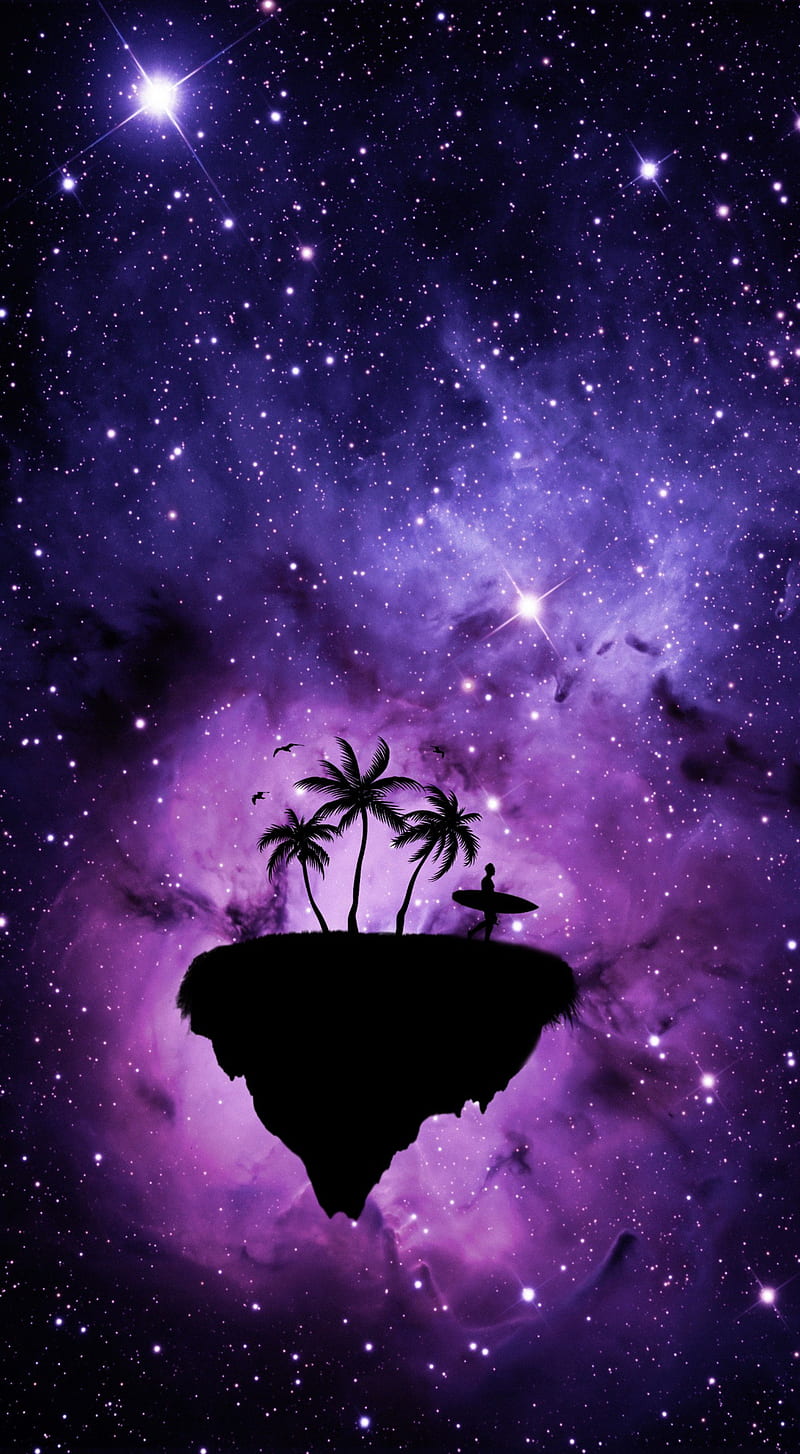 800x1454 Space Island, space, stars, island, palmtrees, purple, blue, nebula, surfer, HD phone wallpaper