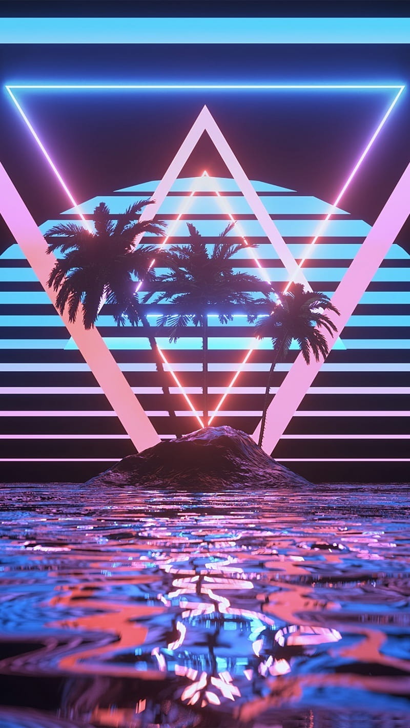 800x1422 Space Island, futuristic, lights, night, retro, trees, triangle, tropical, HD phone wallpaper