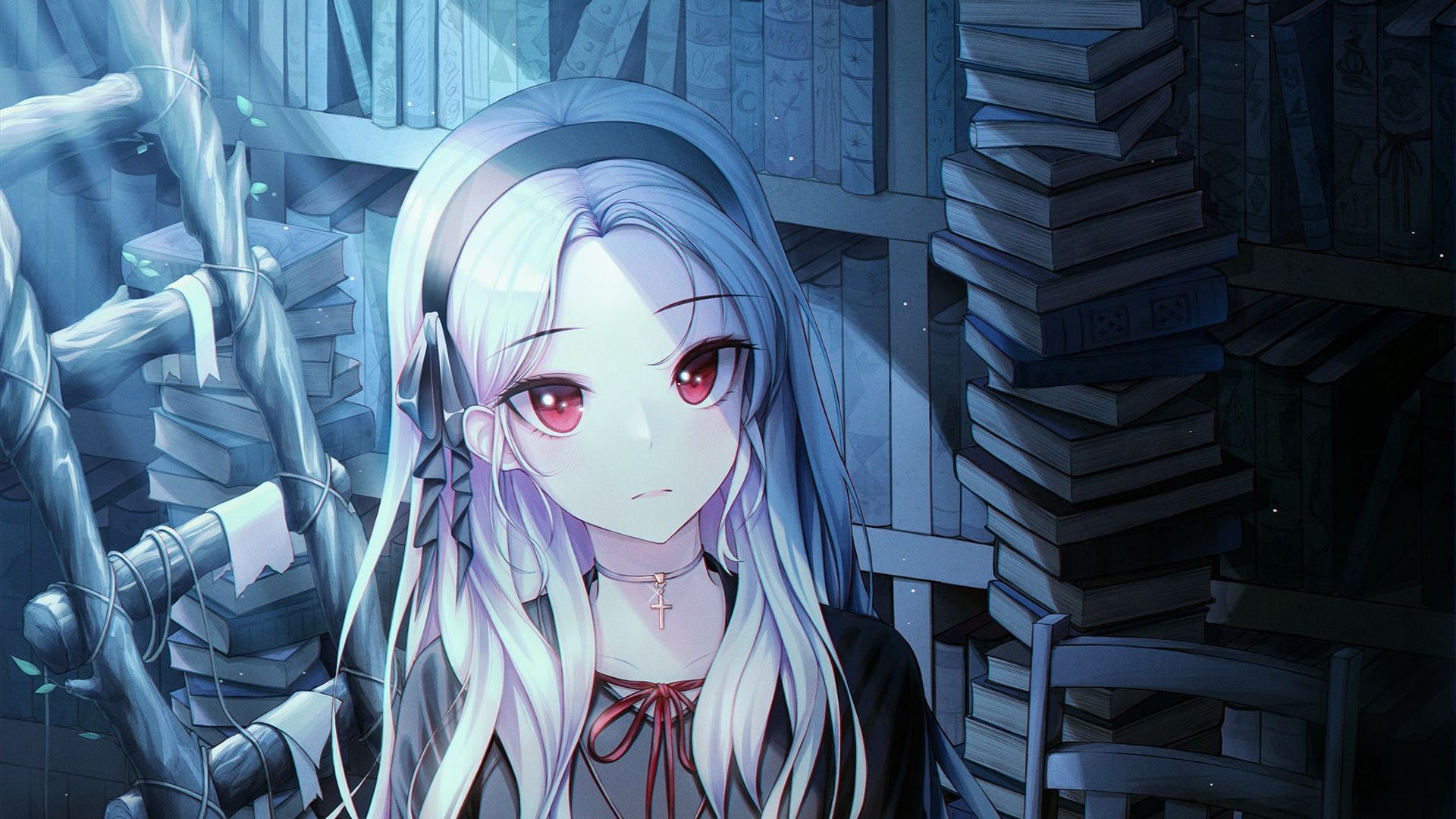 1920x1080 Light Red Eyes White Hair Anime Girl With Ash Color Dress HD Anime Girl Wallpaper