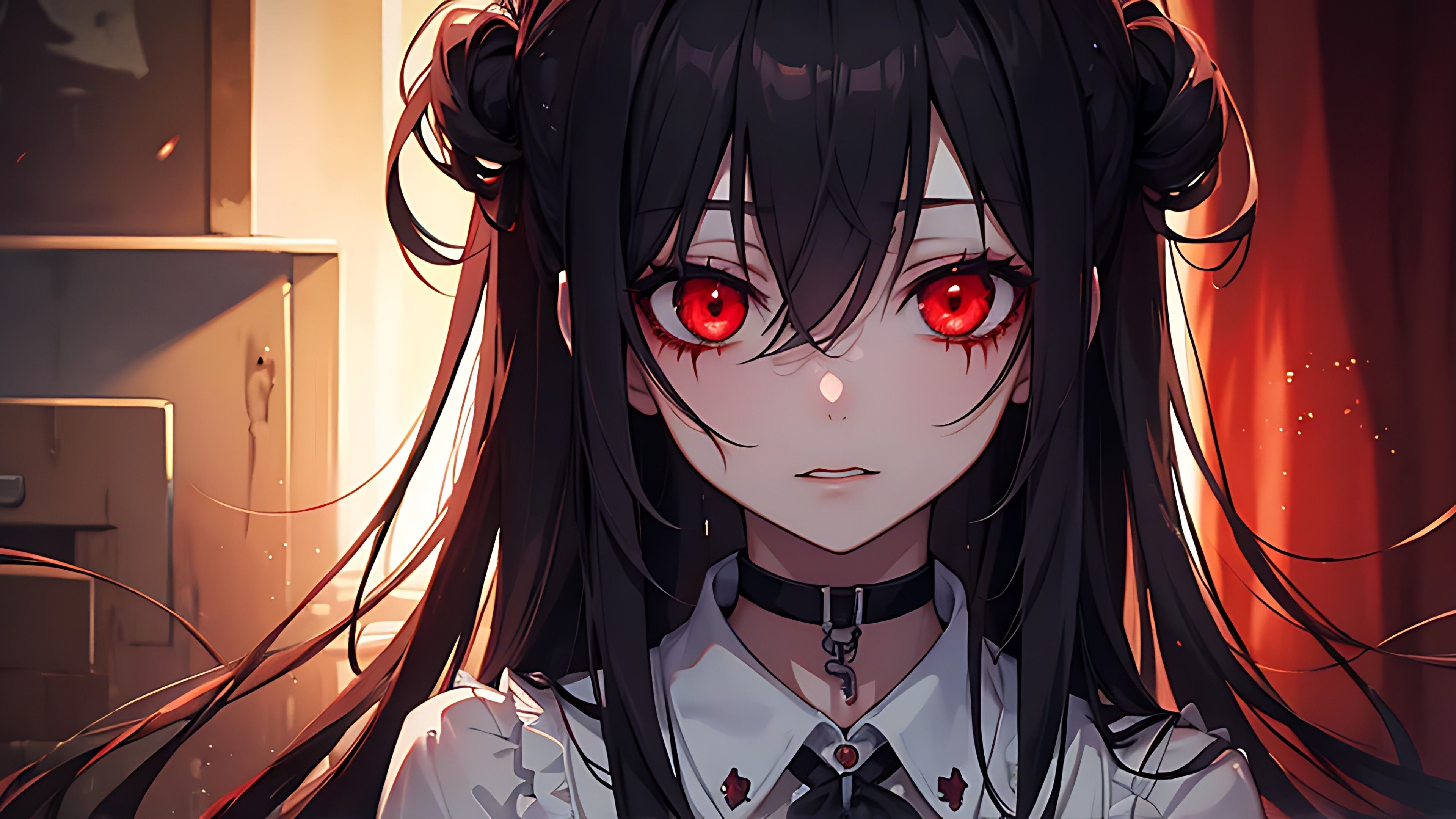 3840x2160 Horror Anime Girl with red eyes with blak hair wearing uniform Dark background 4K HD Anime Girl Wallpaper