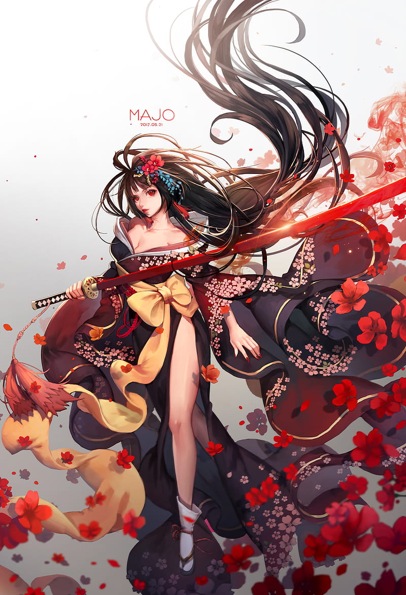 800x1173 Brunette, red eyes, kimono, ribbon, sword, flowers, HD phone wallpaper