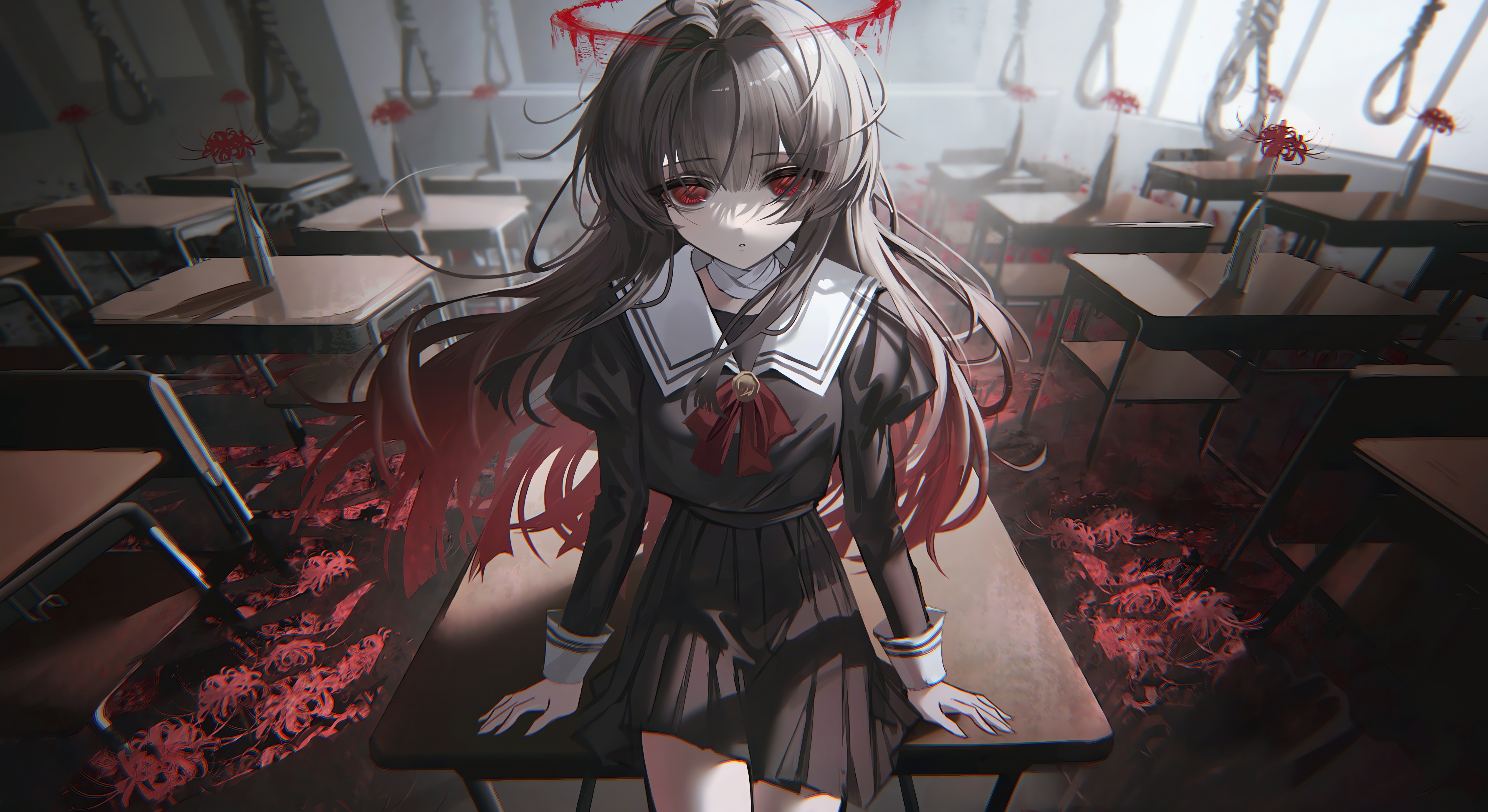 5052x2758 Wallpaper girl, blood, Halo, school uniform, long hair, anime, flowers, beautiful for mobile and desktop, section сёнэн, resolution 5052x2758