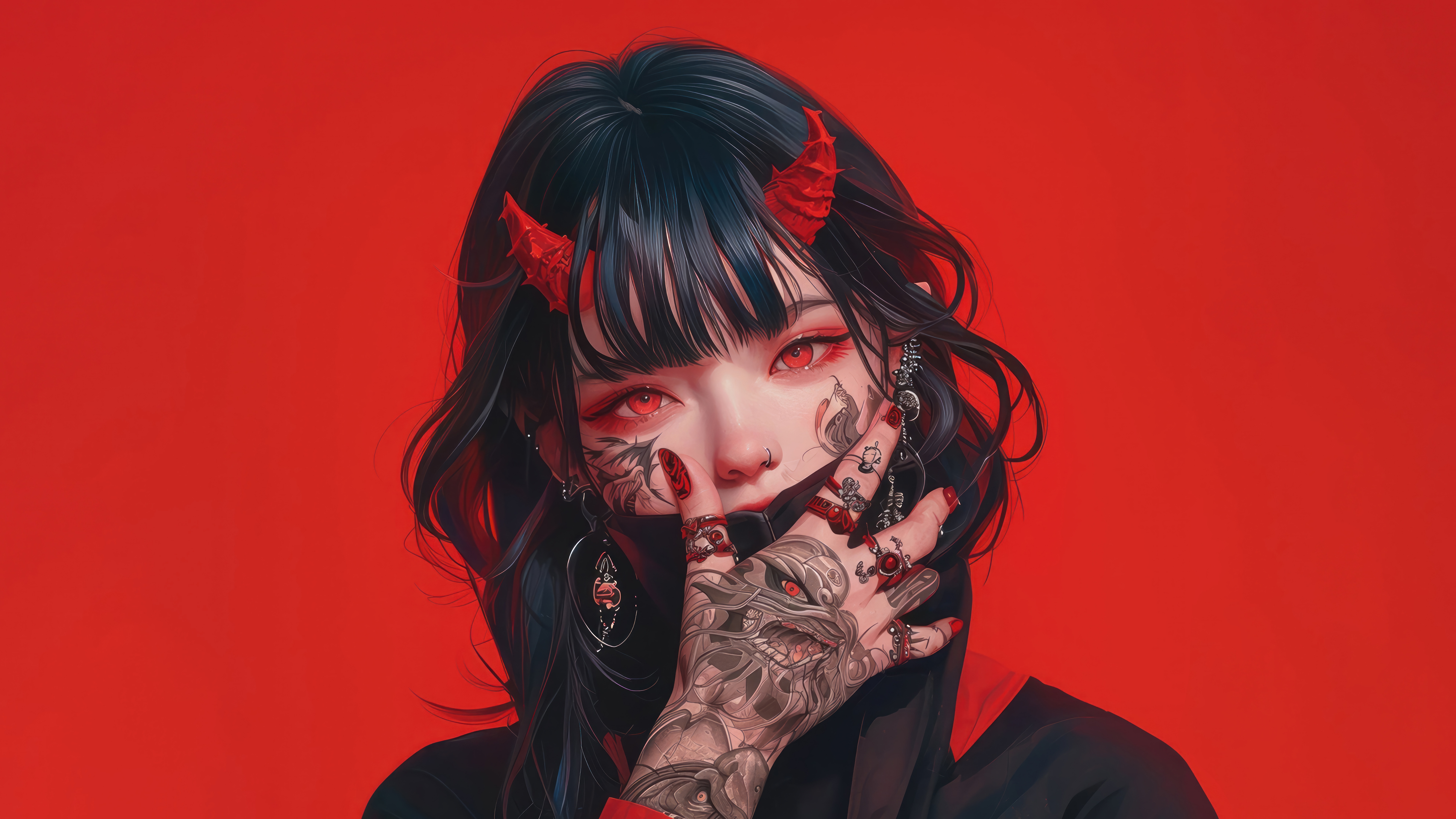 7680x4320 Wallpaper devil, anime, red eyes, tattoo, horn, anime girl, AI Generated, Semon for mobile and desktop, section ии арт, resolution 7680x4320