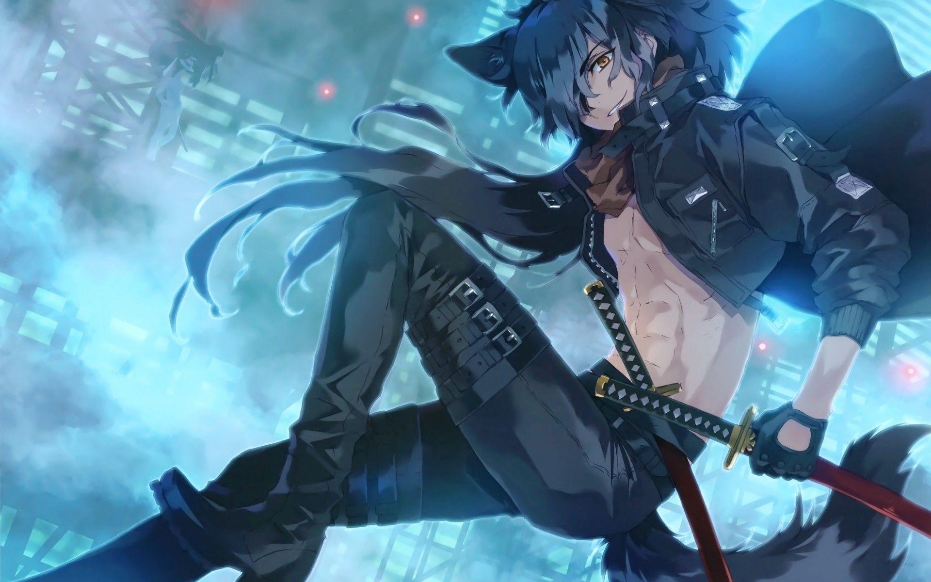 sword anime guy with blue hair