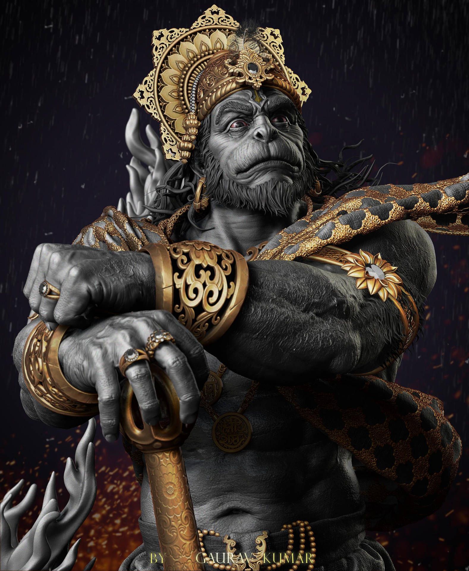 1579x1920 Download Lord Hanuman 3D Gold Accessories Wallpaper