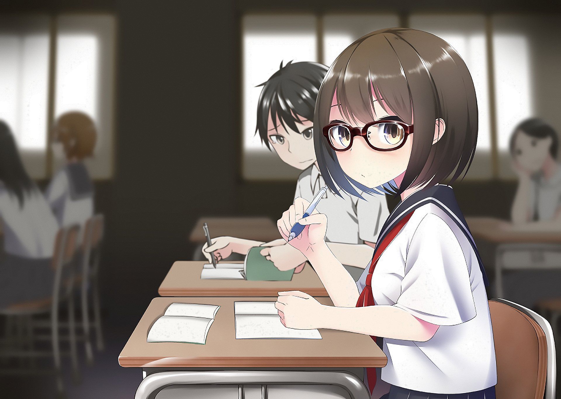 1920x1368 HD Anime Schoolgirl in Glasses: Classroom Focus with Short Hair by ネコばか
