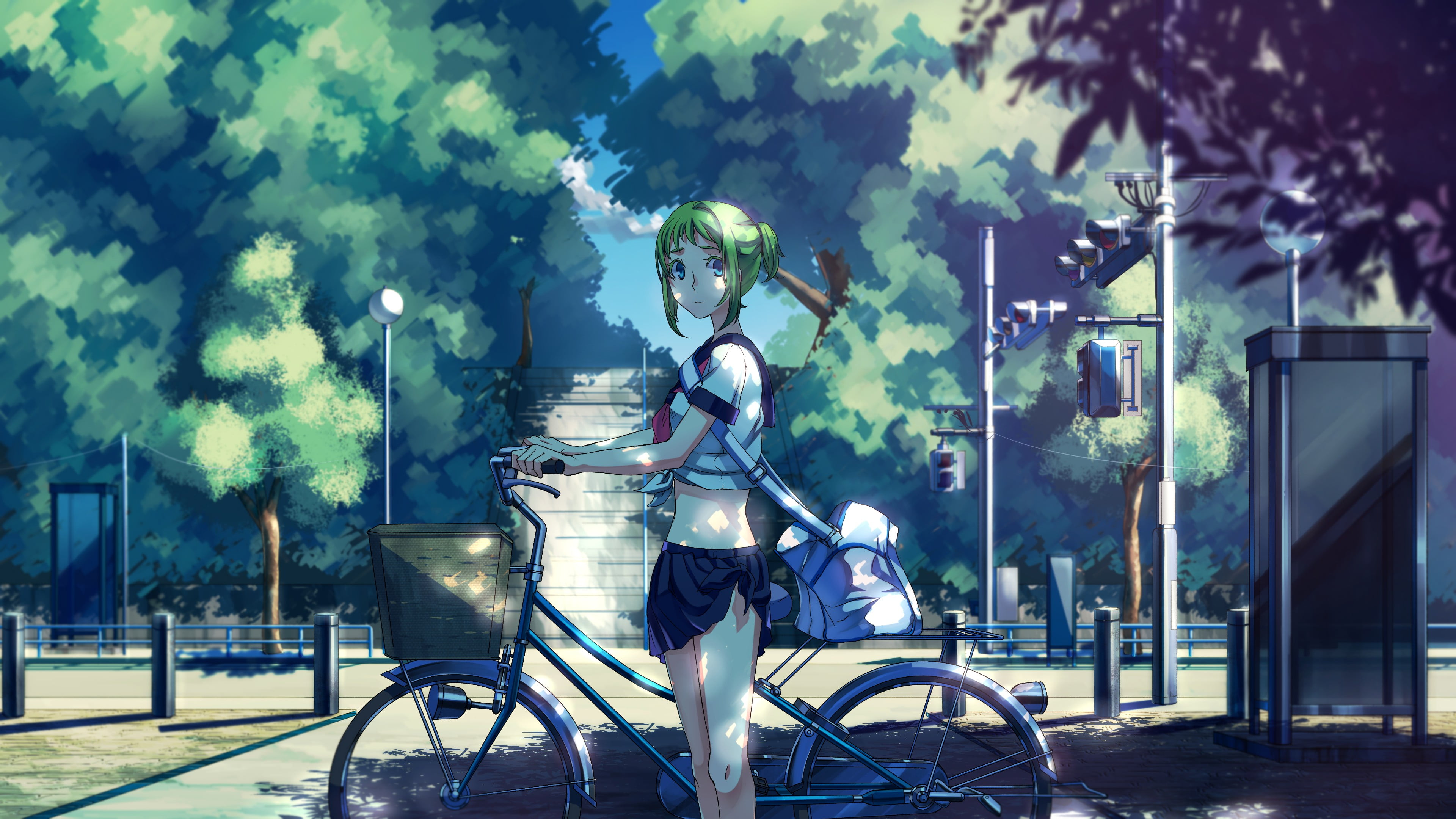 3840x2160 Green Haired Anime Girl Student Holding A Bicycle HD Wallpaper